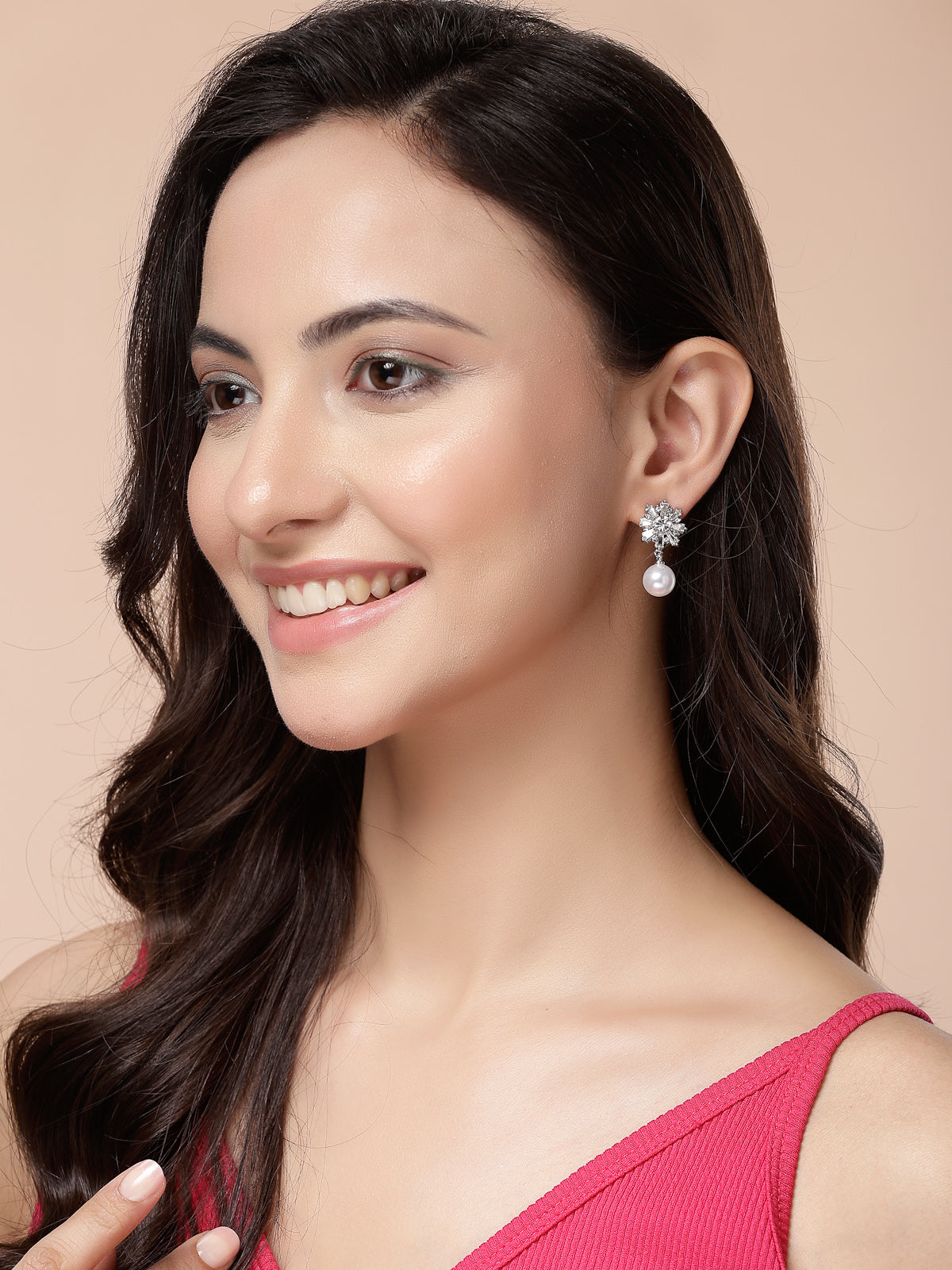 Scintillare By Sukkhi Iconic Latest Fashionable Crystal & Pearls Studded Rhodium Plated Drop Earrings for Women & Girls|Pair of 1|Jewellery Gifts for Wife Girlfriend Mother Sister|E107241