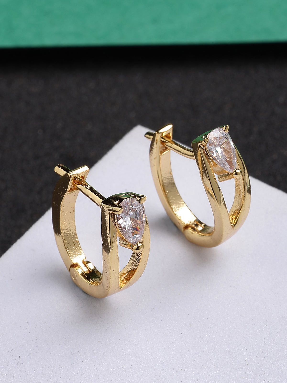 Scintillare By Sukkhi Attractive Gold Plated Pear Shaped Austrian Cubic Zirconia Stone Studded Clip On Hoop Earrings for Women & Girls|Pair of 1|Jewellery Gifts for Wife Girlfriend Mother Sister|E107251