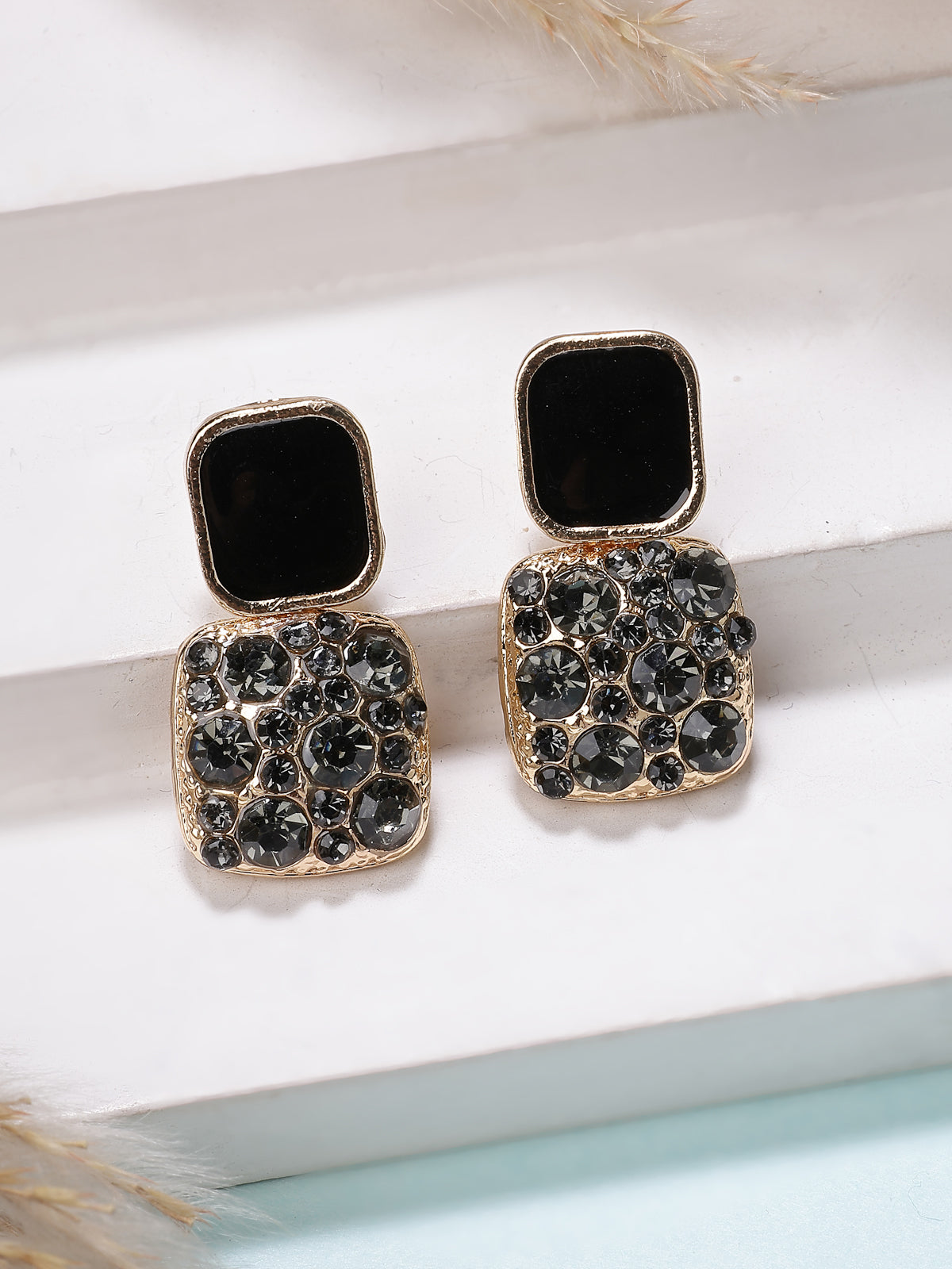 Scintillare By Sukkhi Square Shaped Crystal Diamond Studded Gold Tone Plated Black Drop Earrings for Women & Girls|Pair of 1|Jewellery Gifts for Wife Girlfriend Mother Sister|E107268
