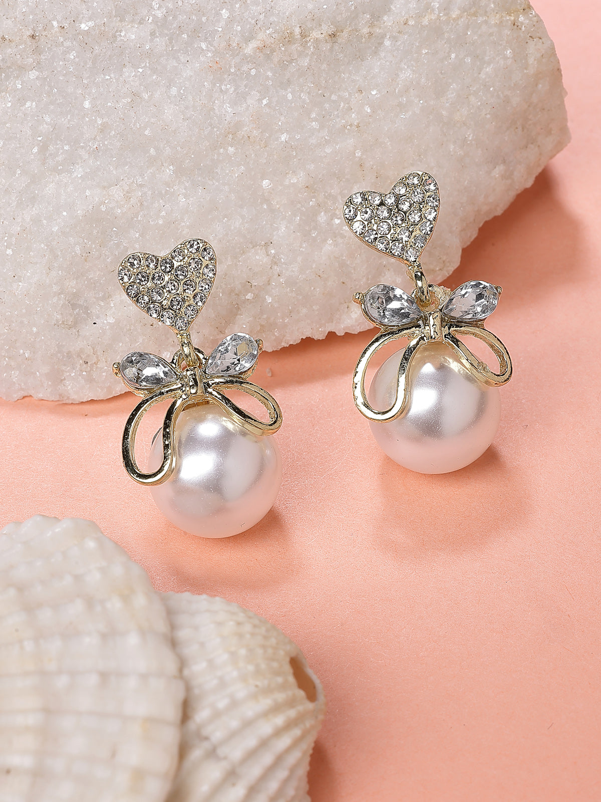 Scintillare By Sukkhi Bewitching Stylish Gold Plated AD & Pearl Studded Butterfly Hearted White Drop Studs Earrings for Women & Girls|Pair of 1|Jewellery Gifts for Wife Girlfriend Mother Sister|E107274