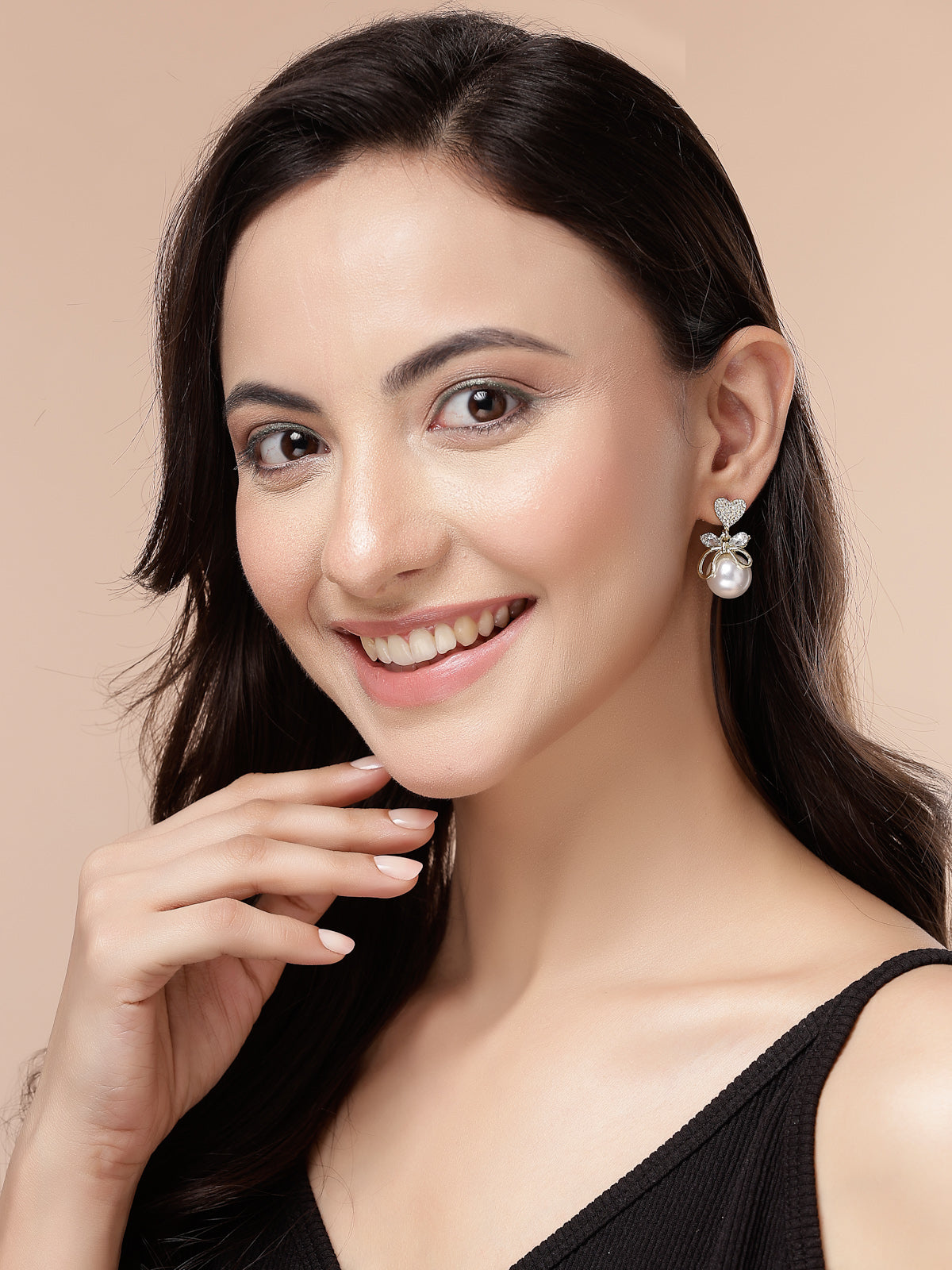 Scintillare By Sukkhi Bewitching Stylish Gold Plated AD & Pearl Studded Butterfly Hearted White Drop Studs Earrings for Women & Girls|Pair of 1|Jewellery Gifts for Wife Girlfriend Mother Sister|E107274