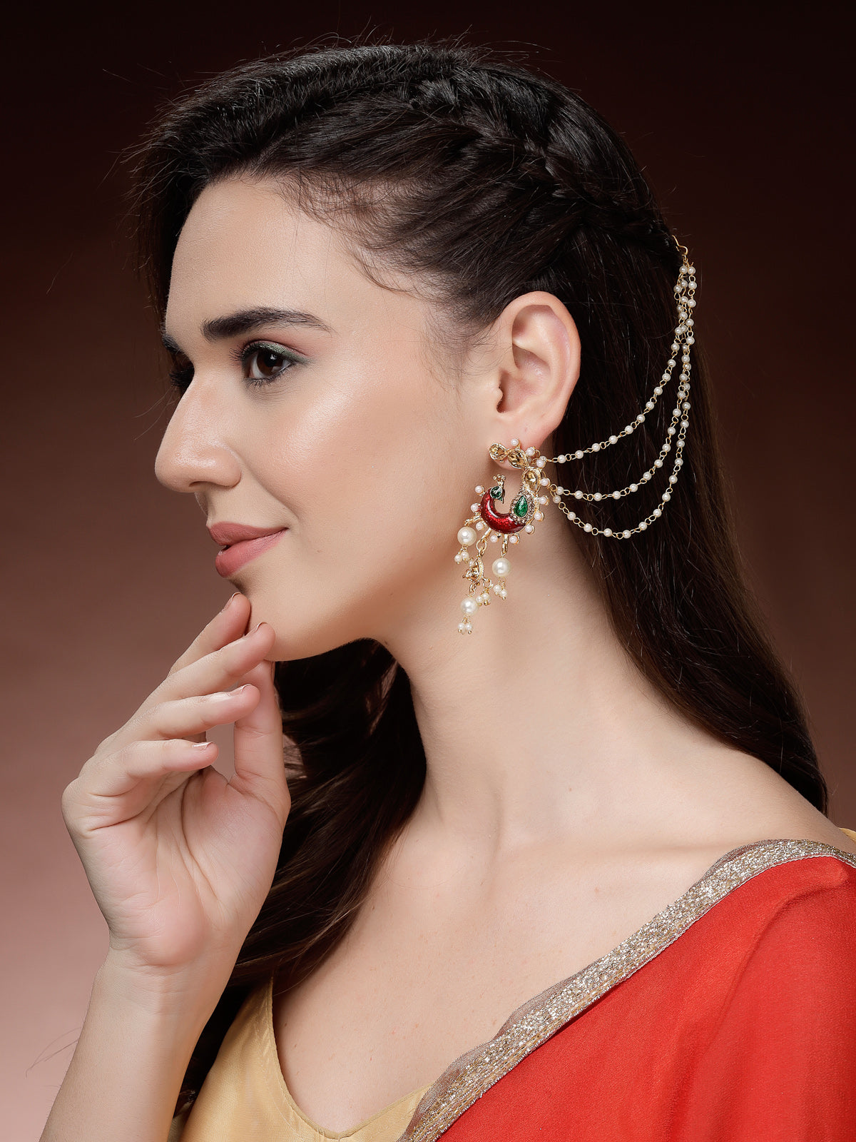 Sukkhi Most Beautiful Indian Traditional Peacock Style Gold Plated Kundan & Pearls Studded with Meenakari Work Multi Layered Earchain with Earring Jewellery For Women & Girls |E107326