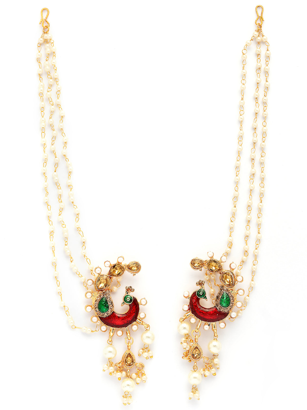 Sukkhi Most Beautiful Indian Traditional Peacock Style Gold Plated Kundan & Pearls Studded with Meenakari Work Multi Layered Earchain with Earring Jewellery For Women & Girls |E107326