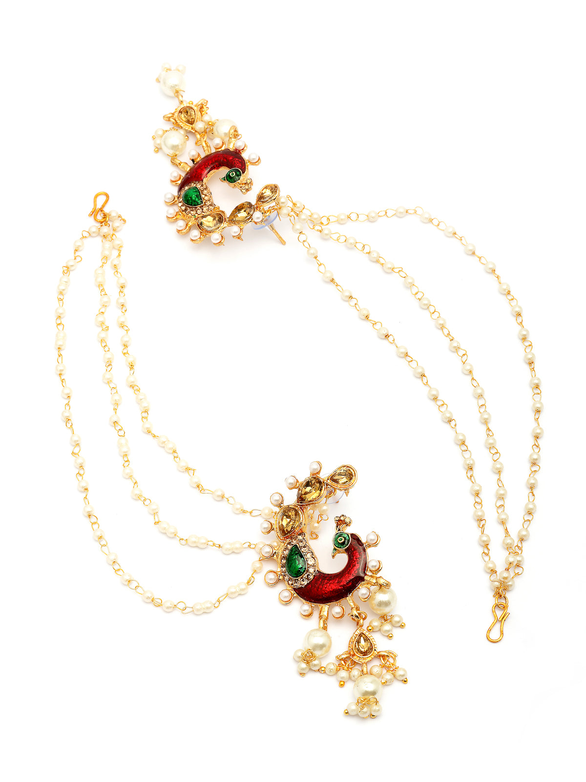 Sukkhi Most Beautiful Indian Traditional Peacock Style Gold Plated Kundan & Pearls Studded with Meenakari Work Multi Layered Earchain with Earring Jewellery For Women & Girls |E107326