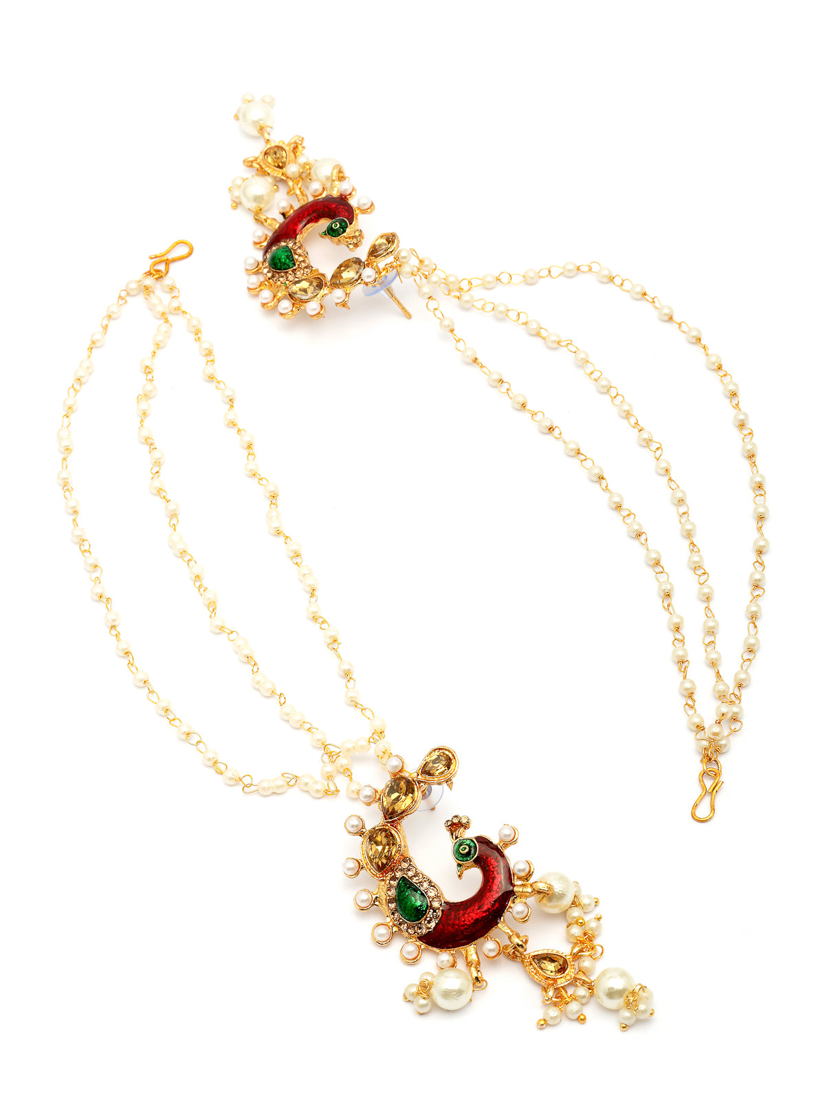 Sukkhi Most Beautiful Indian Traditional Peacock Style Gold Plated Kundan & Pearls Studded with Meenakari Work Multi Layered Earchain with Earring Jewellery For Women & Girls |E107326