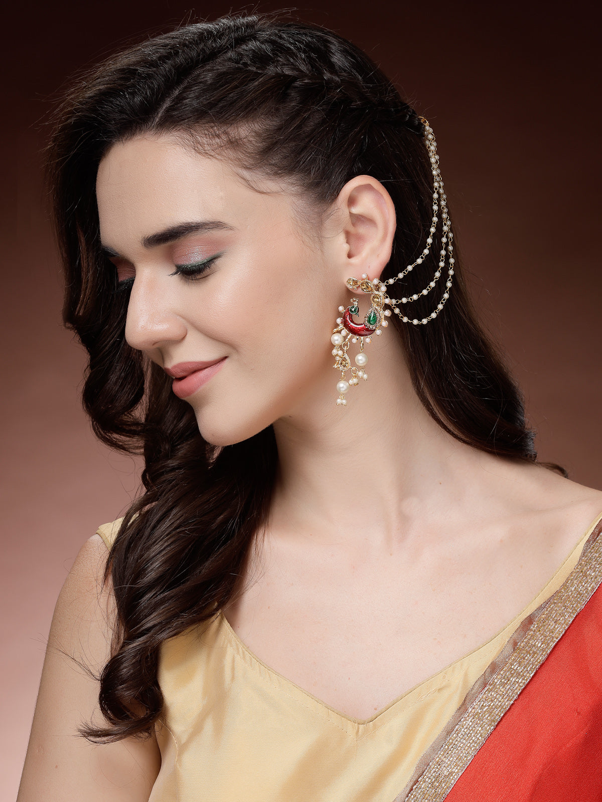 Sukkhi Most Beautiful Indian Traditional Peacock Style Gold Plated Kundan & Pearls Studded with Meenakari Work Multi Layered Earchain with Earring Jewellery For Women & Girls |E107326