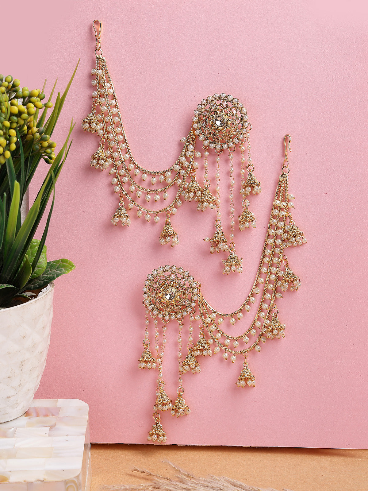 Sukkhi Creative Traditional Indian Fashion Gold Plated Multi Layer Pearls Ear Chain with Jhumka/Jhumki Earring Jewellery for Women & Girls|E107327 E107327