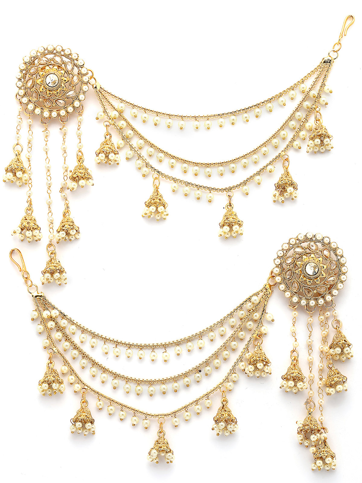 Sukkhi Creative Traditional Indian Fashion Gold Plated Multi Layer Pearls Ear Chain with Jhumka/Jhumki Earring Jewellery for Women & Girls|E107327 E107327