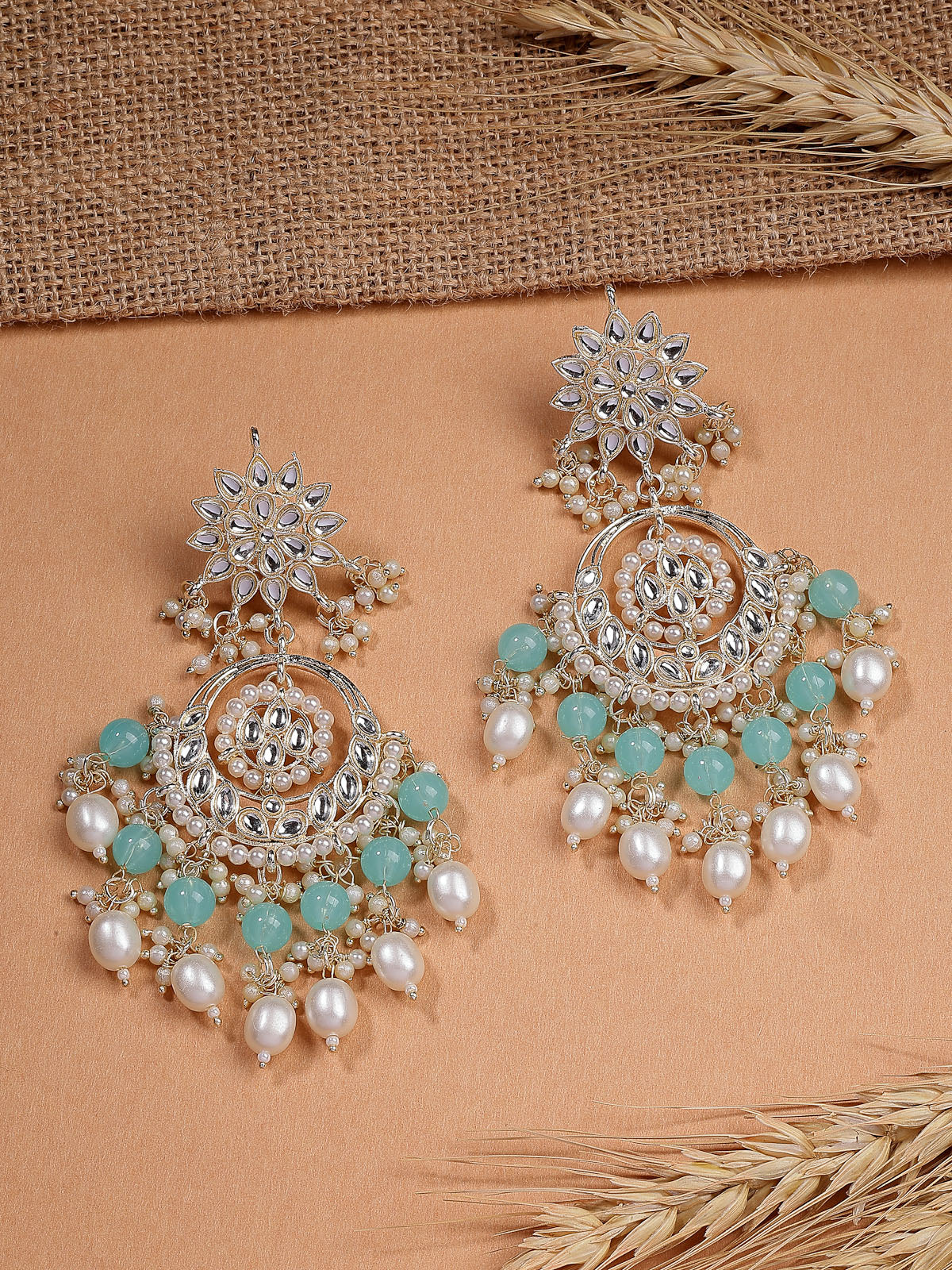 Sukkhi Innovative Floral Fashion Gold Plated with Kundan & Pearls Studded Handmade Sky Blue Chandbali Earring Jewellery For Women & Girls|E107330