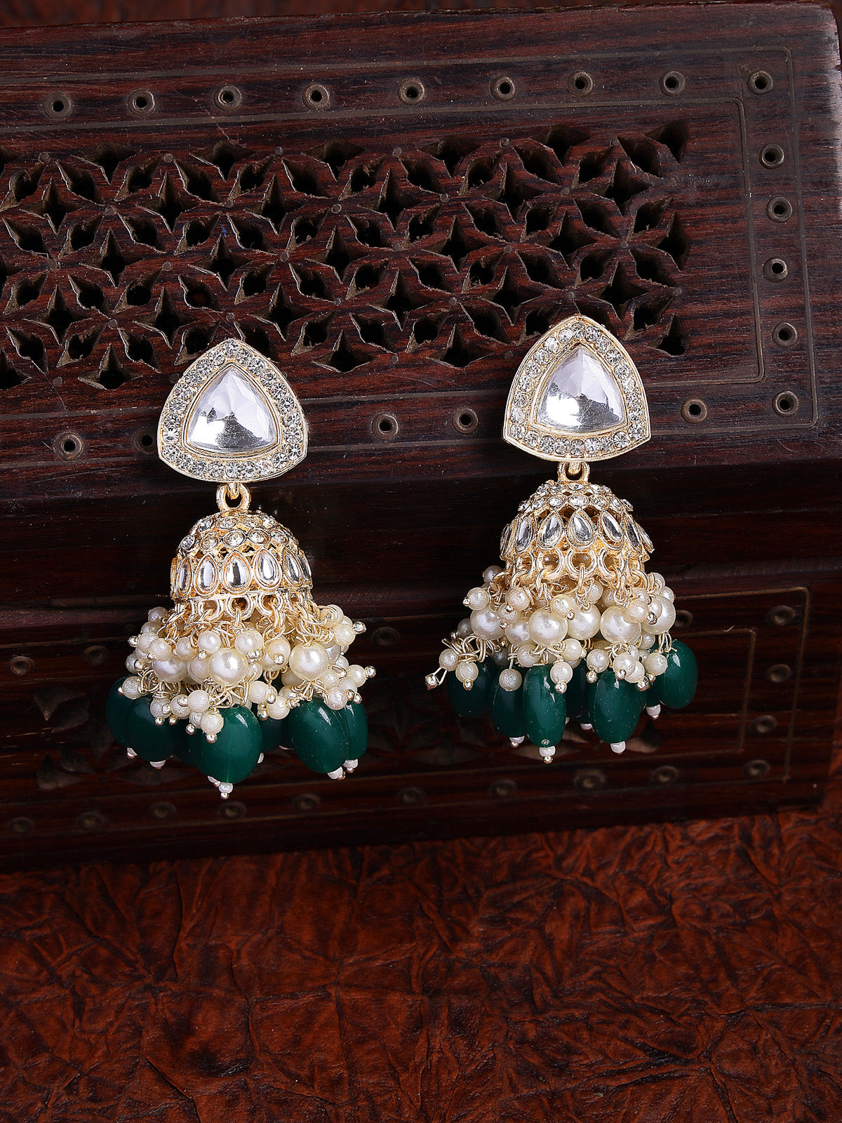 Sukkhi Excellent Fashionable Style Gold Plated Kundan & Green Cluster Beads Drop Jhumka/Jhumki Earring Jewellery For Women & Girls|E107332