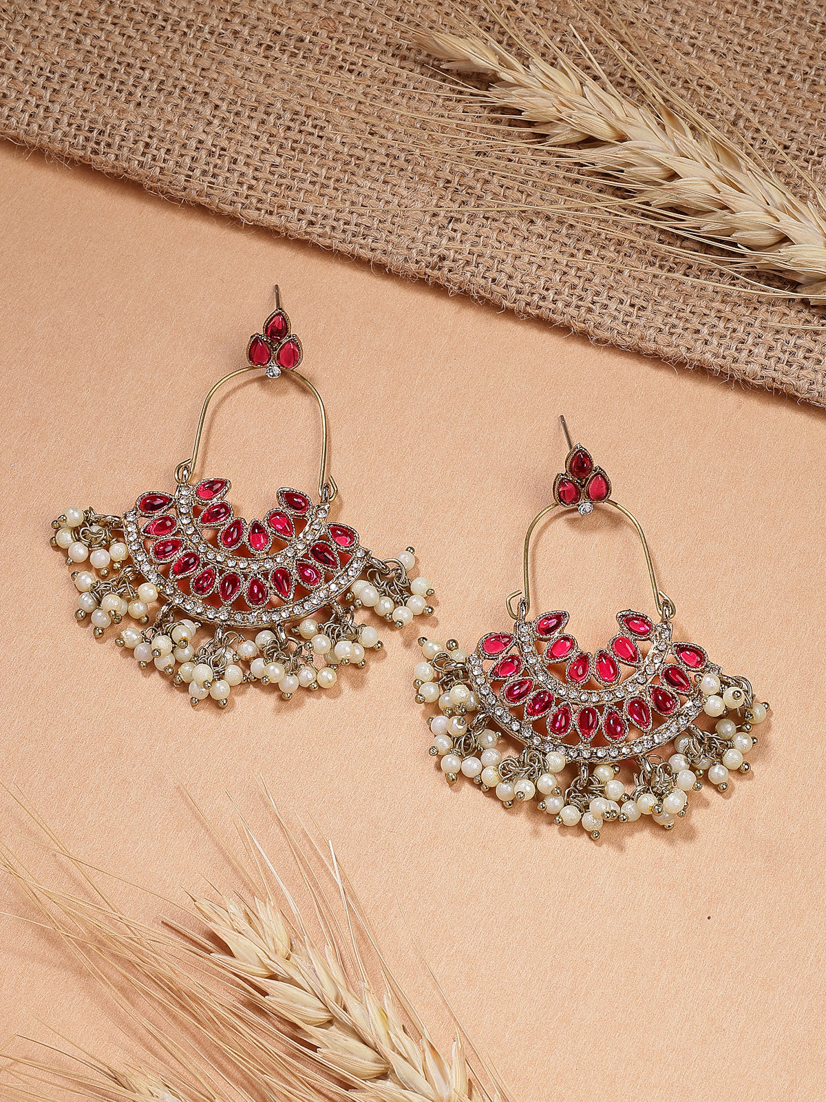 Sukkhi Charming Ethnic Style Kundan Beads & Diamond Studded Gold Plated Rani Pink Dangle Earring Jewellery for Women & Girls|E107334