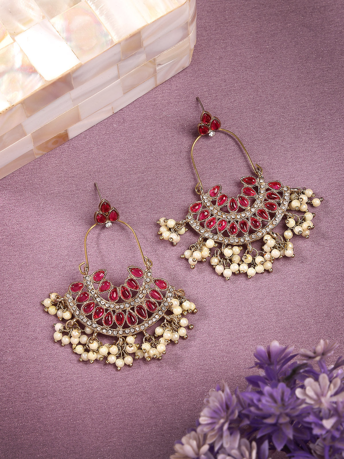 Sukkhi Charming Ethnic Style Kundan Beads & Diamond Studded Gold Plated Rani Pink Dangle Earring Jewellery for Women & Girls|E107334