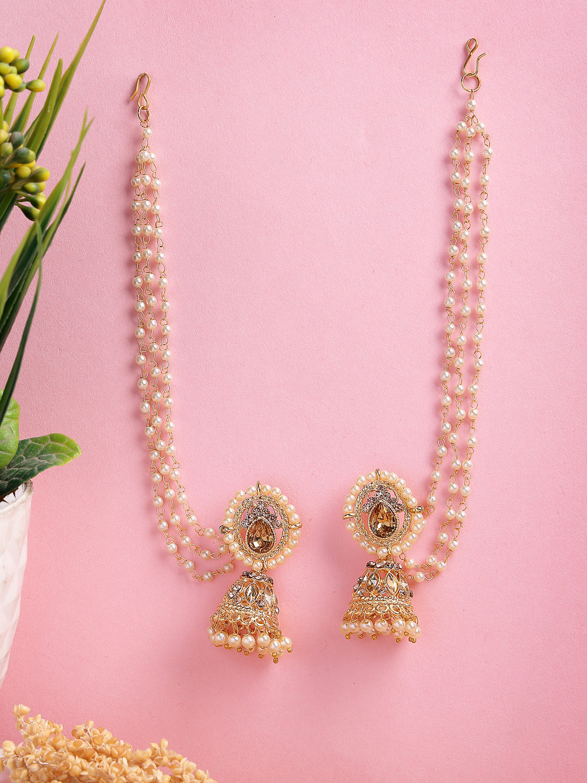 Sukkhi Fashion-Forward Ethnic 18k Gold Plated with Kundan & Pearls Studded Long Earchain with Jhumka/Jhumki Earring Jewellery For Women & Girls|E107335