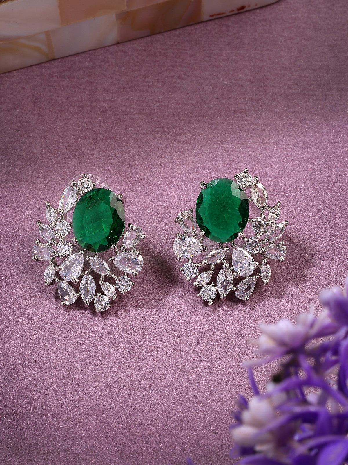 Sukkhi Attractive Western Style Rhodium Plated with American Diamond Studded Green Silver Stud Earring Jewellery for Women & Girls|E107336