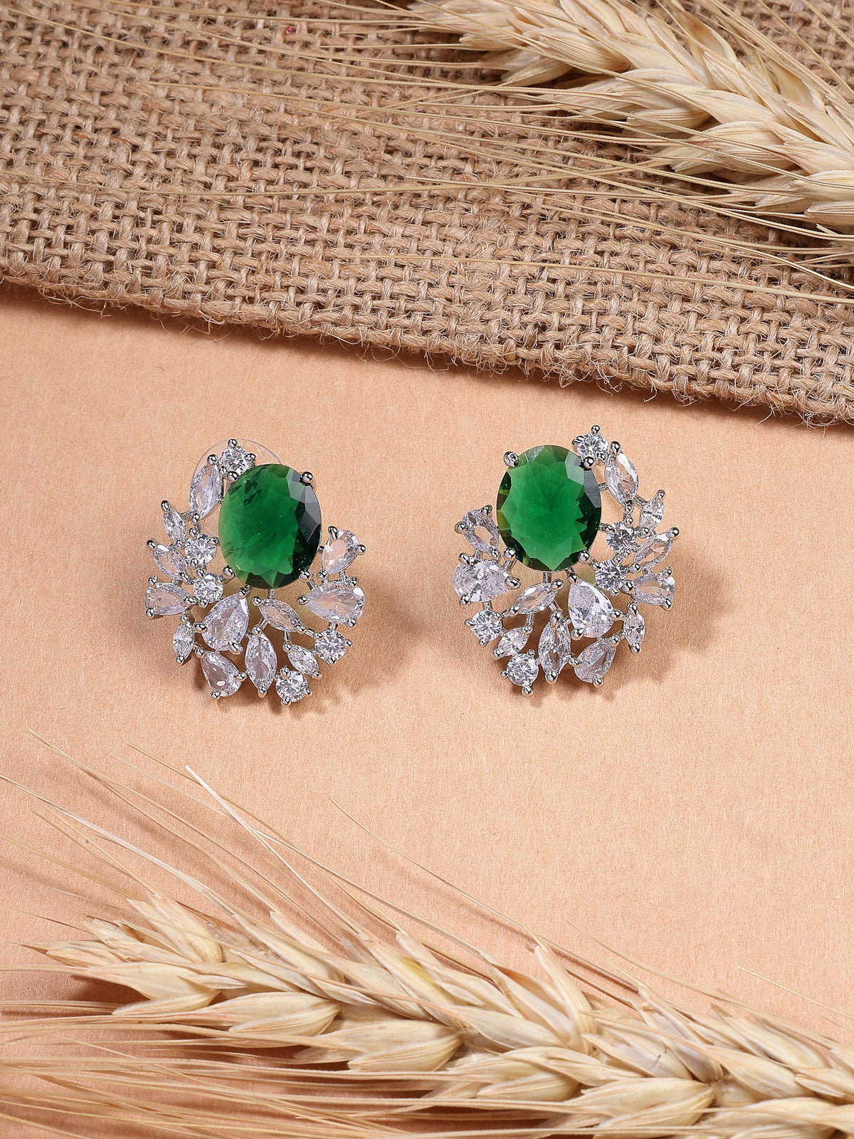 Sukkhi Attractive Western Style Rhodium Plated with American Diamond Studded Green Silver Stud Earring Jewellery for Women & Girls|E107336