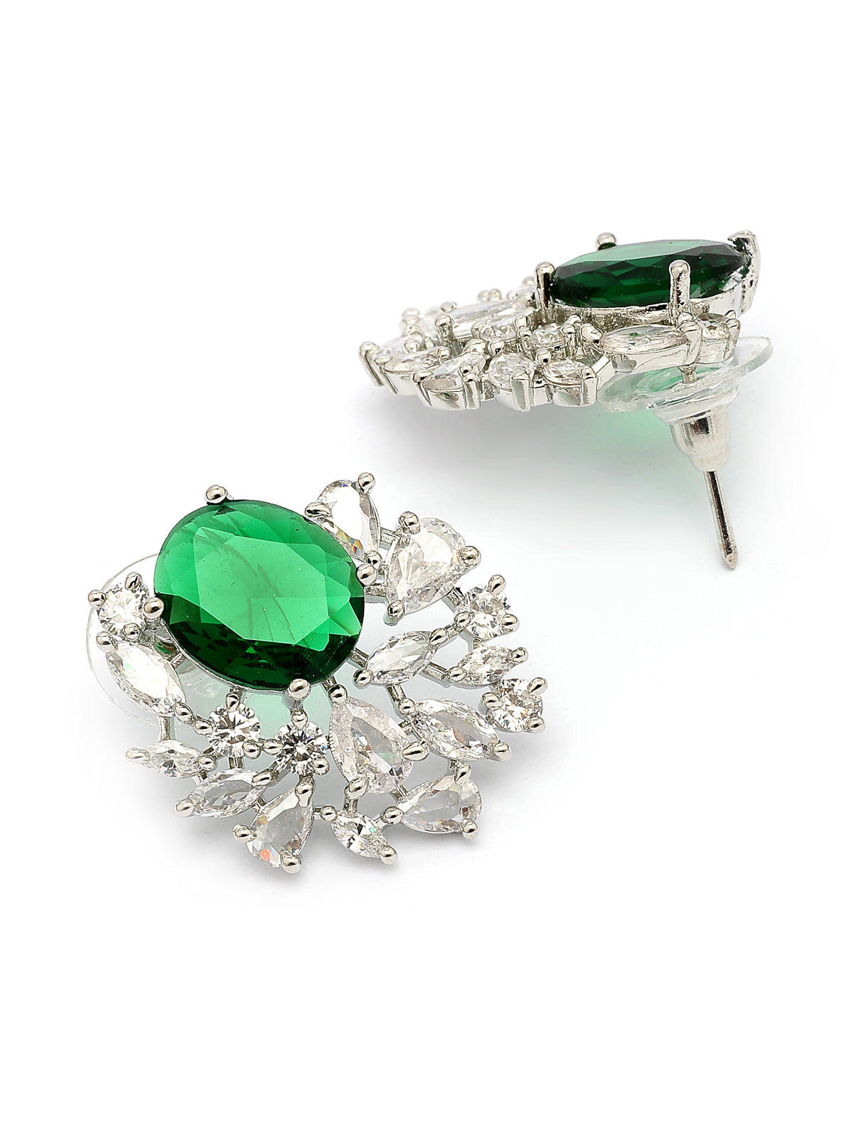 Sukkhi Attractive Western Style Rhodium Plated with American Diamond Studded Green Silver Stud Earring Jewellery for Women & Girls|E107336