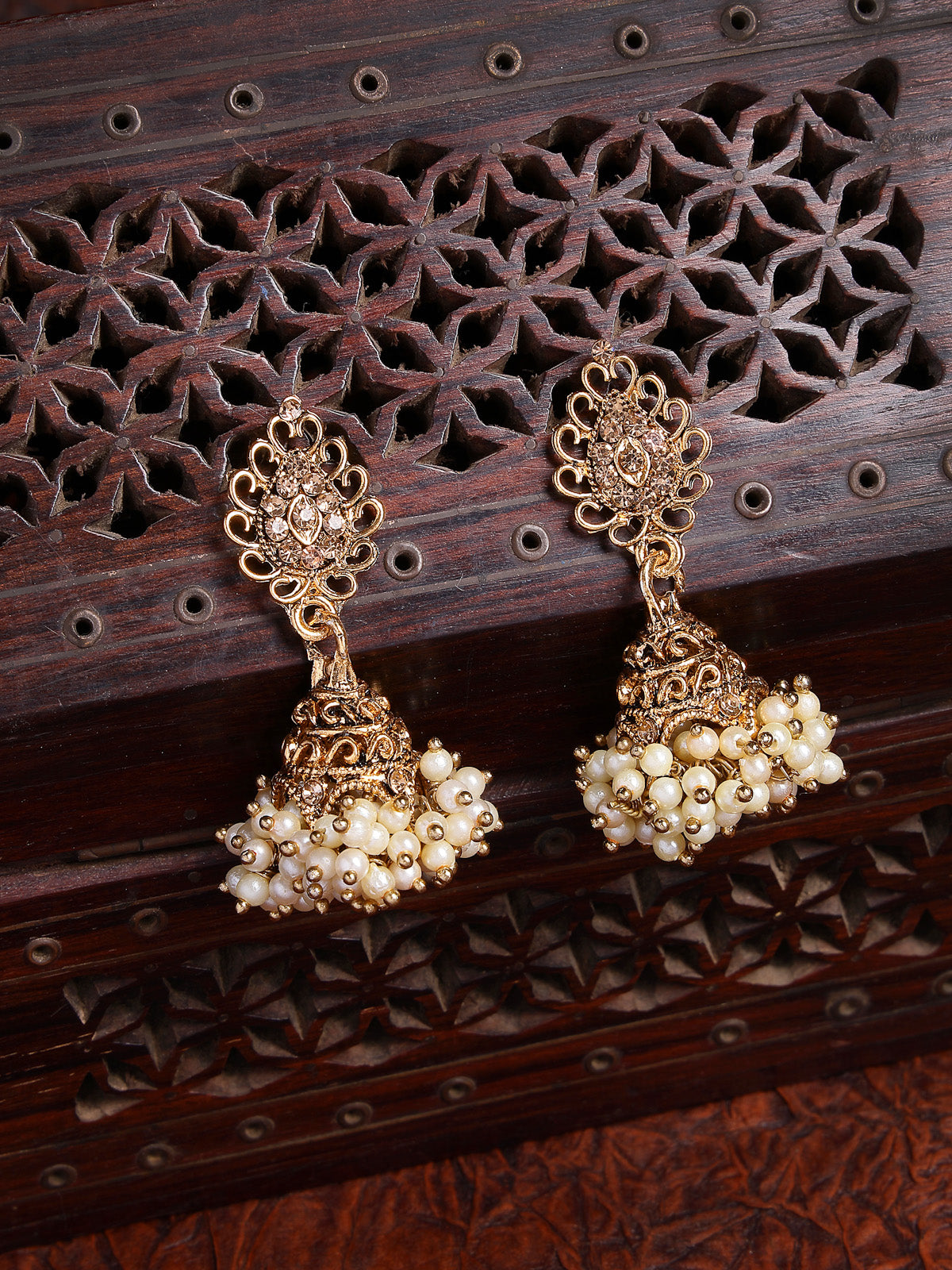 Sukkhi Fashionable Traditional Antuque Gold Plated with Diamond & Beads Jhumka/Jhumki Earring Jewellery for Women & Girls|E107338