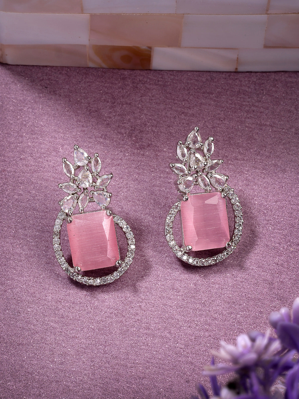 Sukkhi Pretty Pink Fashionable Rhodium Oxidised Silver Plated with American Diamond Studded Paisley Shaped Studs Earring Jewellery For Women & Girls|E107342