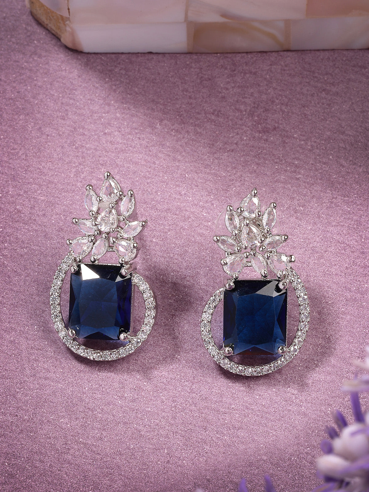 Sukkhi Sparkling Fashionable Rhodium Oxidised Silver Plated with American Diamond Studded Paisley Shaped Blue Studs Earring Jewellery For Women & Girls|E107343