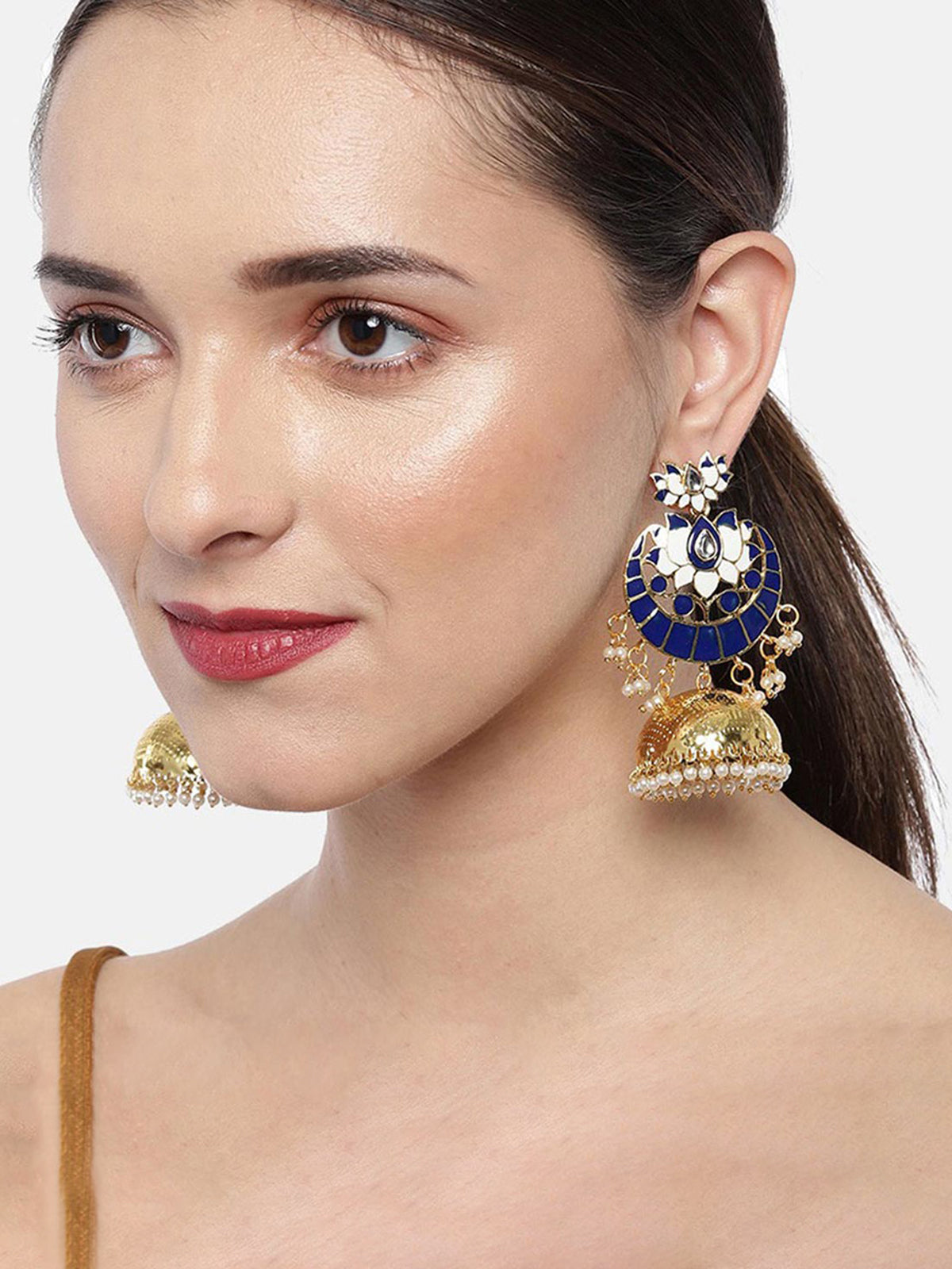 Sukkhi Glitzy Gold Plated Lotus Meenakari Pearl Jhumki Earring for Women E83498