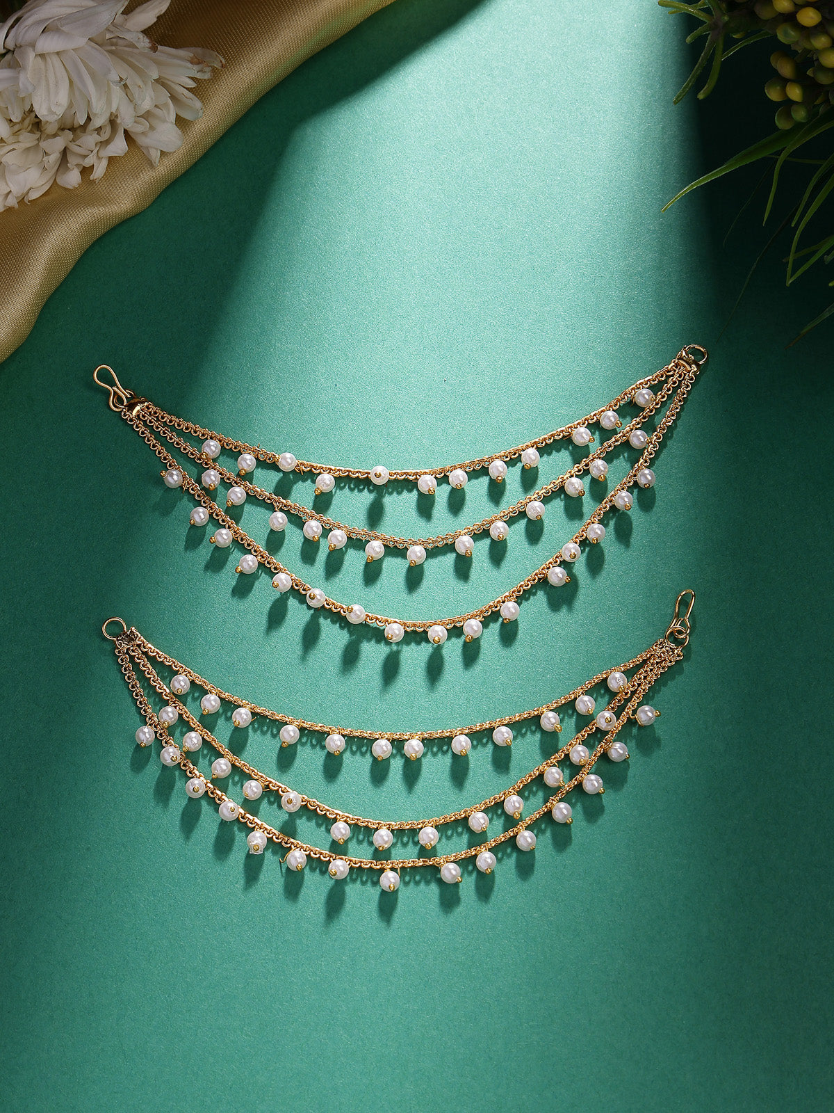 Sukkhi Classic Indian Traditional Brass Copper Gold Plated Multi layer Pearls Ear Kan Chain Champaswaralu Earring Jewellery for Women & Girls|Pair of 1|ECN107320