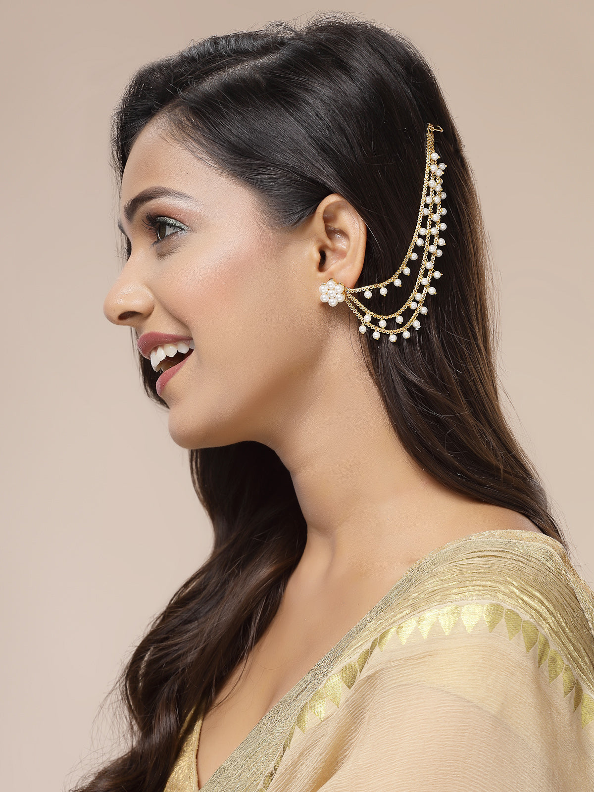 Sukkhi Classic Indian Traditional Brass Copper Gold Plated Multi layer Pearls Ear Kan Chain Champaswaralu Earring Jewellery for Women & Girls|Pair of 1|ECN107320