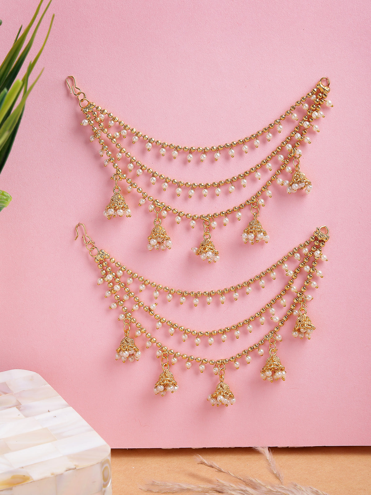 Sukkhi Classical Traditional 18k Gold Plated with Brass Metal & Pearls Studded Jhumka/Jhumki Multi Layer Ear Kan Chain Earring Jewellery for Women & Girls|Bahubali Inspired Long Chain|Pair of 1|ECN107322