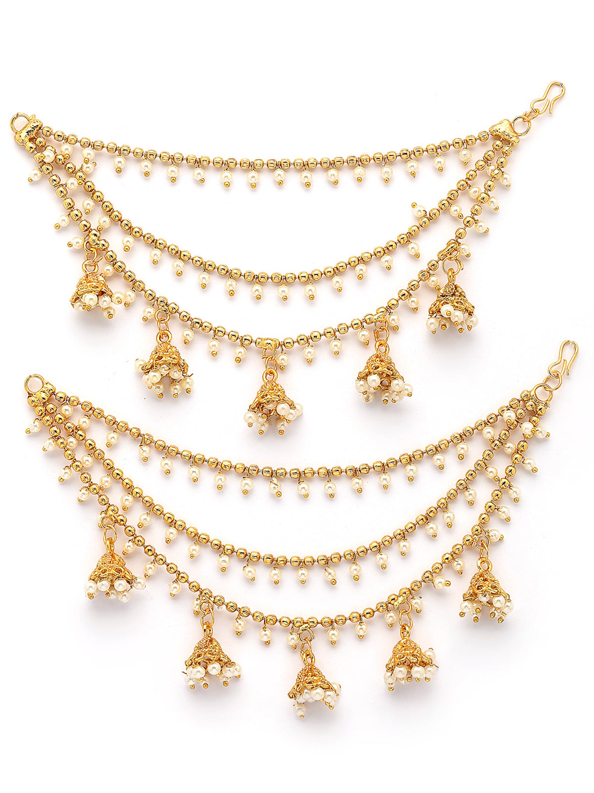 Sukkhi Classical Traditional 18k Gold Plated with Brass Metal & Pearls Studded Jhumka/Jhumki Multi Layer Ear Kan Chain Earring Jewellery for Women & Girls|Bahubali Inspired Long Chain|Pair of 1|ECN107322