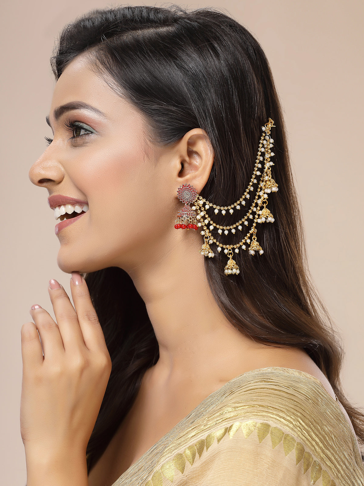 Sukkhi Classical Traditional 18k Gold Plated with Brass Metal & Pearls Studded Jhumka/Jhumki Multi Layer Ear Kan Chain Earring Jewellery for Women & Girls|Bahubali Inspired Long Chain|Pair of 1|ECN107322
