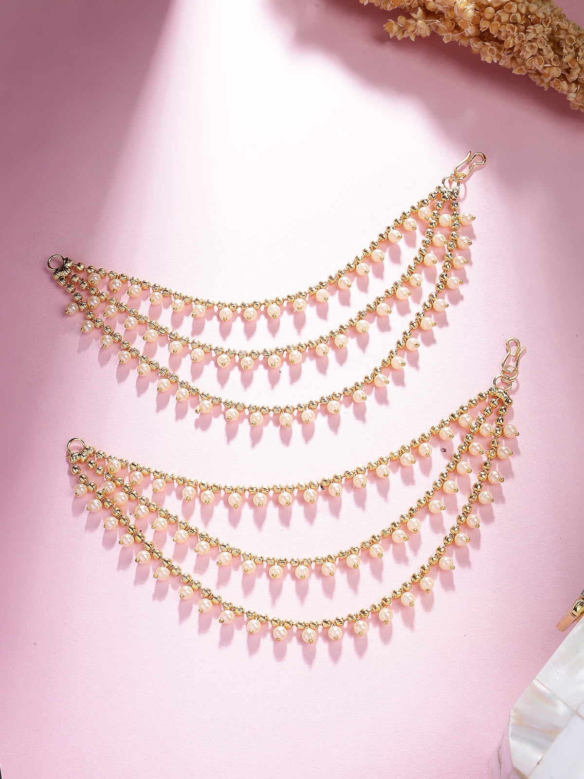 Sukkhi Trendy Ethnic 18k Gold Plated Brass with Pearls Studded Bahubali Inspired Long Multi Layer Ball Chain Jhumka/Jhumki Earring Jewellery for Women & Girls|Pair of 1|ECN107324