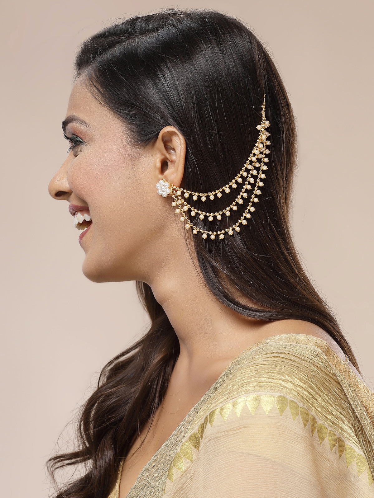 Sukkhi Trendy Ethnic 18k Gold Plated Brass with Pearls Studded Bahubali Inspired Long Multi Layer Ball Chain Jhumka/Jhumki Earring Jewellery for Women & Girls|Pair of 1|ECN107324