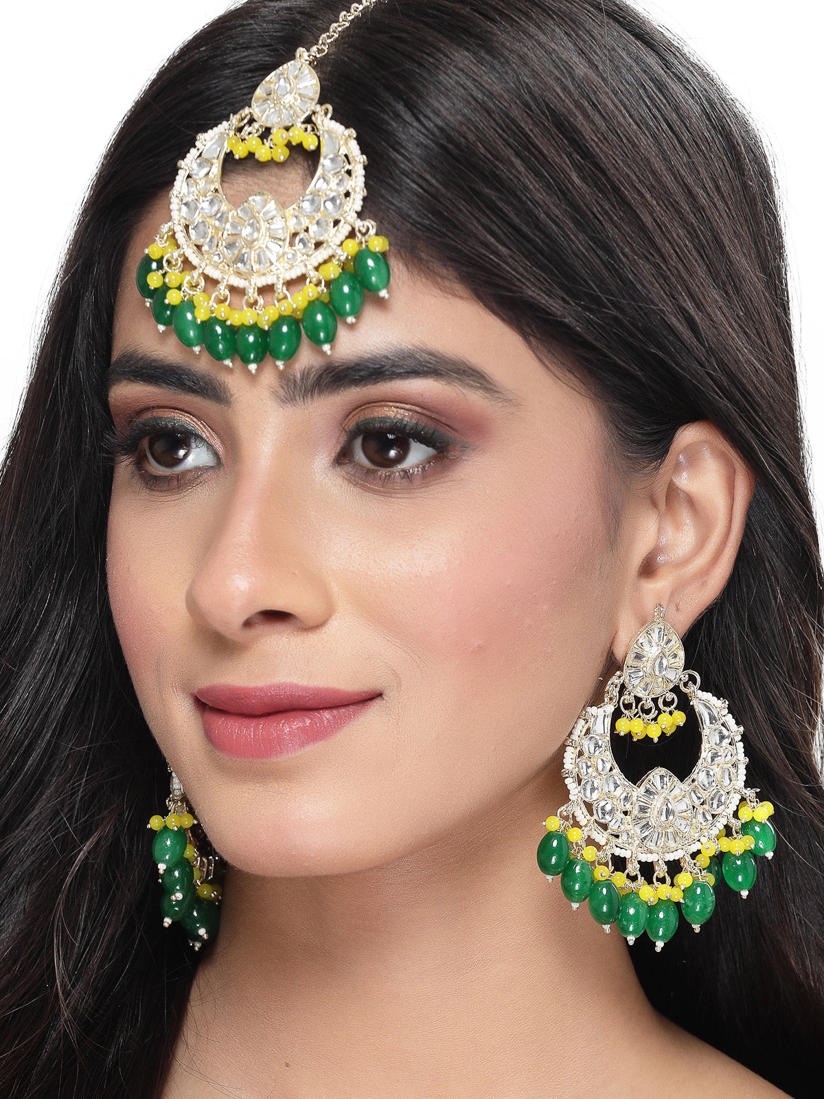 Studio Sukkhi Exquisite Gold Plated Green & Yellow Colour Earrings & Maangtikka Jewellery Set with Kundan and Beads for Women EM105793