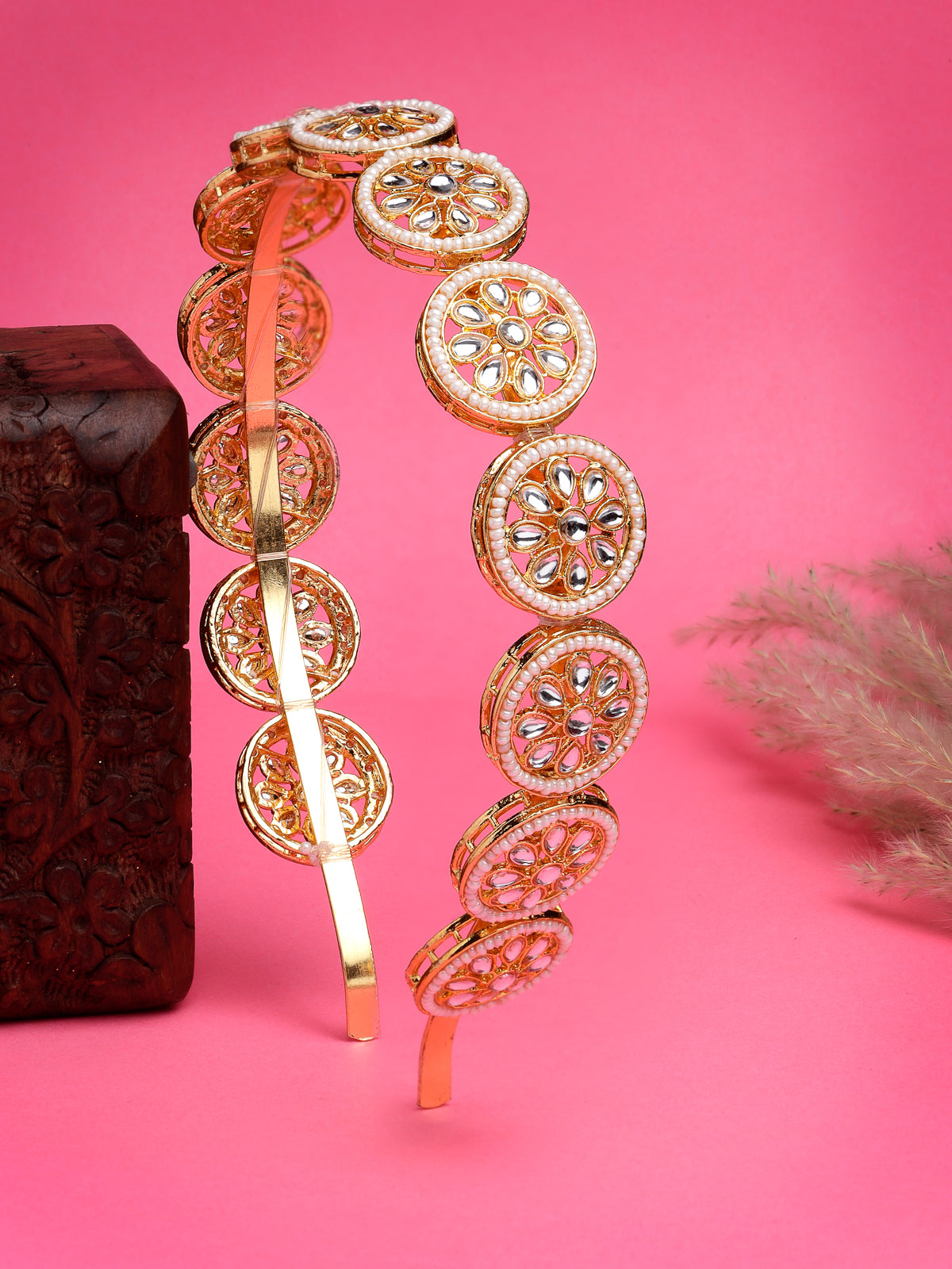 Sukkhi Embellished Gold Plated Round Beaded Hairband Matha Patti, Sheesh Patti, Hair Accessories For Womens| Pack of 1for Women & Girls|HBND106856