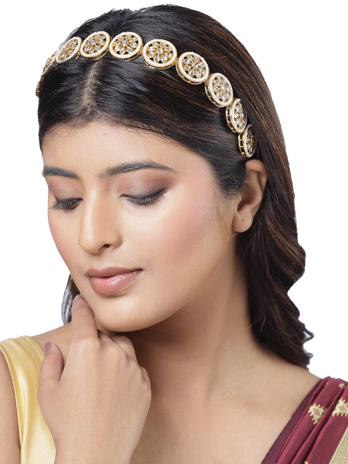 Sukkhi Embellished Gold Plated Round Beaded Hairband Matha Patti, Sheesh Patti, Hair Accessories For Womens| Pack of 1for Women & Girls|HBND106856
