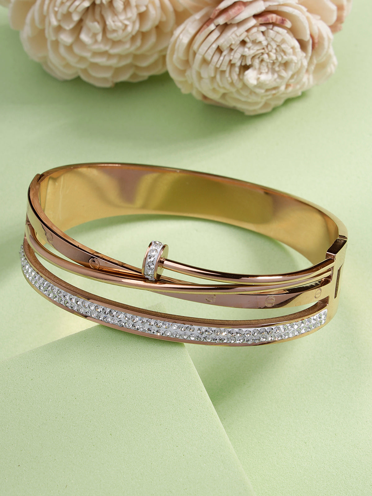 Scintillare By Sukkhi Rose Gold Plated with Stainless Steel Multilayer Openable Kada Bracelet Jewellery for Women & Girls|Anti Tarnish Jewellery|Gifts for Wife Girlfriend Mother Sister|K107055