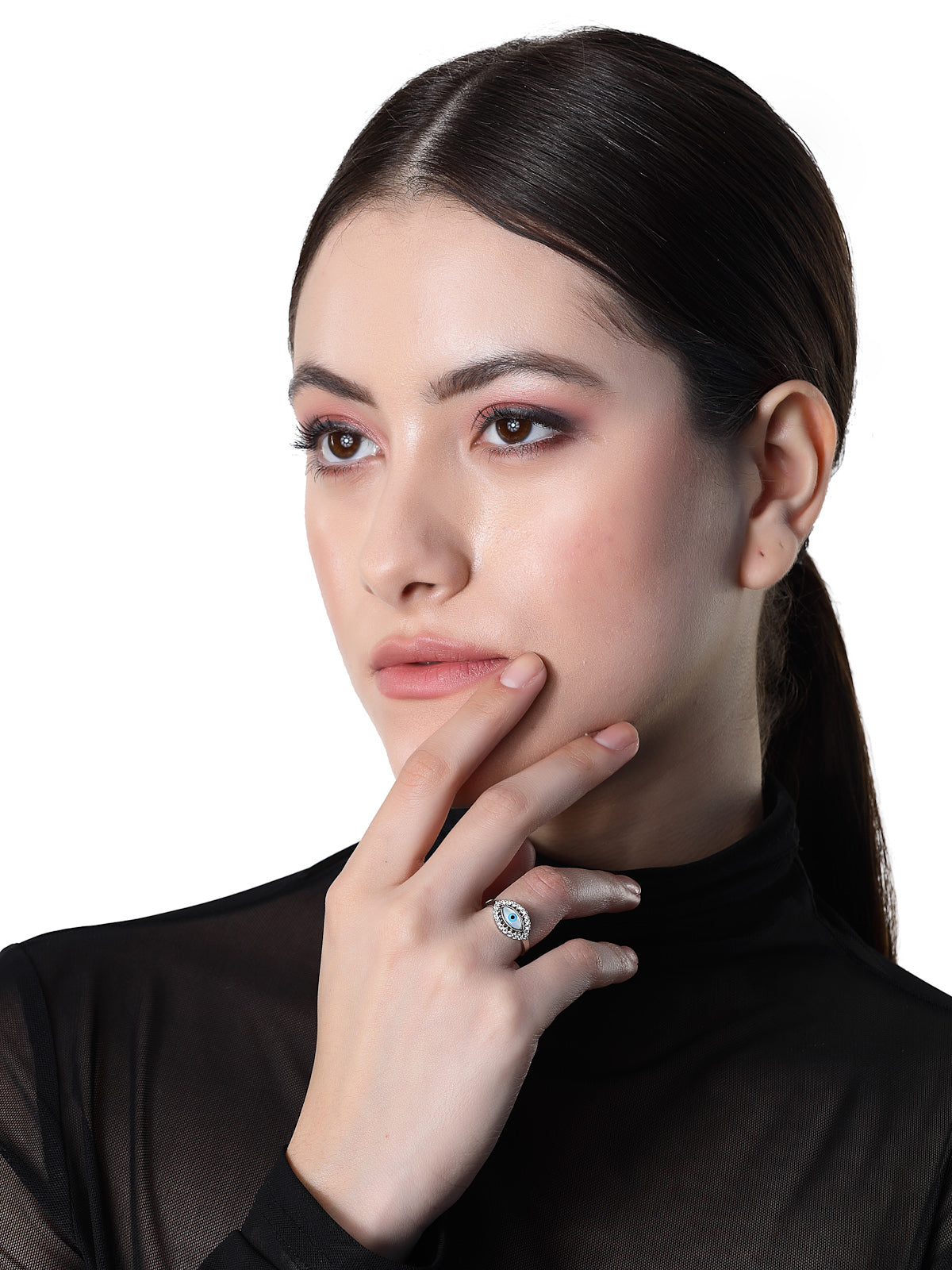 Pissara by Sukkhi Eye-Catchy 925 Sterling Silver Evil Eye Shaped Cubic Zirconia Signet Ring For Women & Girls|with Authenticity Certificate, 925 Stamp & 6 Months Warranty LR105237