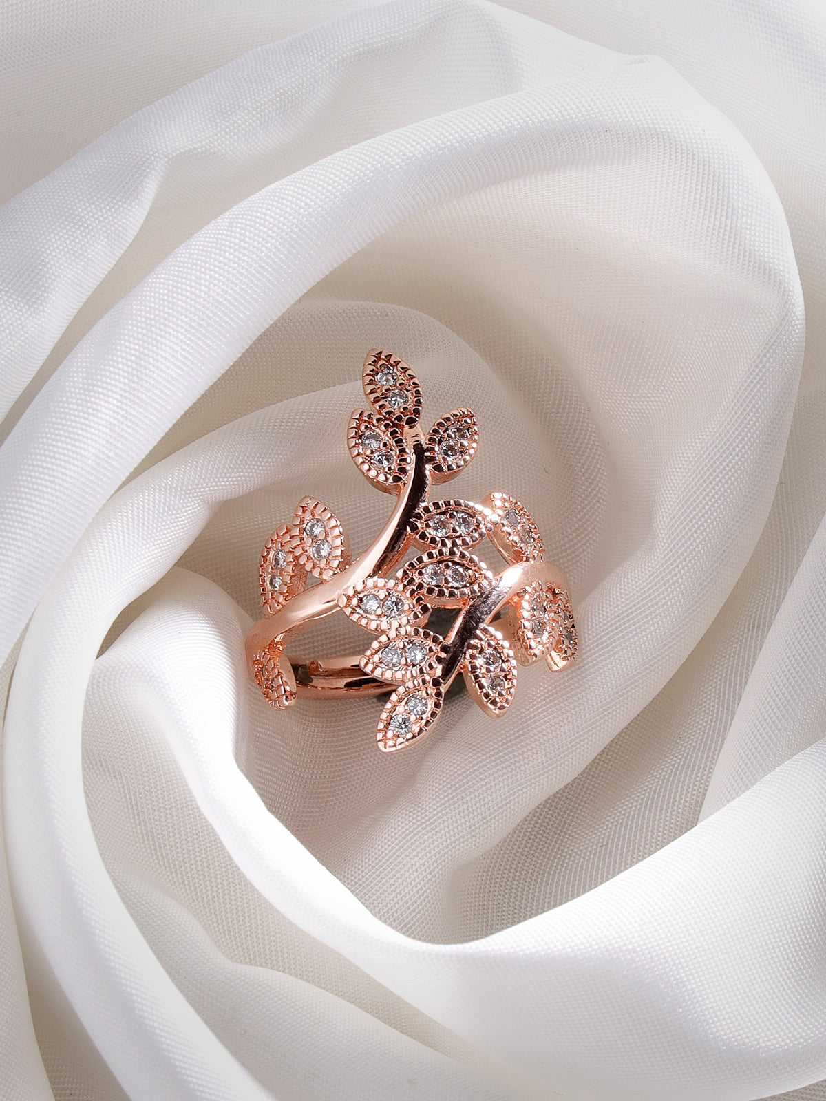 Scintillare by Sukkhi Most Beautiful Rose Gold Plated Leaf Shaped Crystals Stones Finger Rings for Women & Girls | Valentine Day Gifts Collection|LR106708