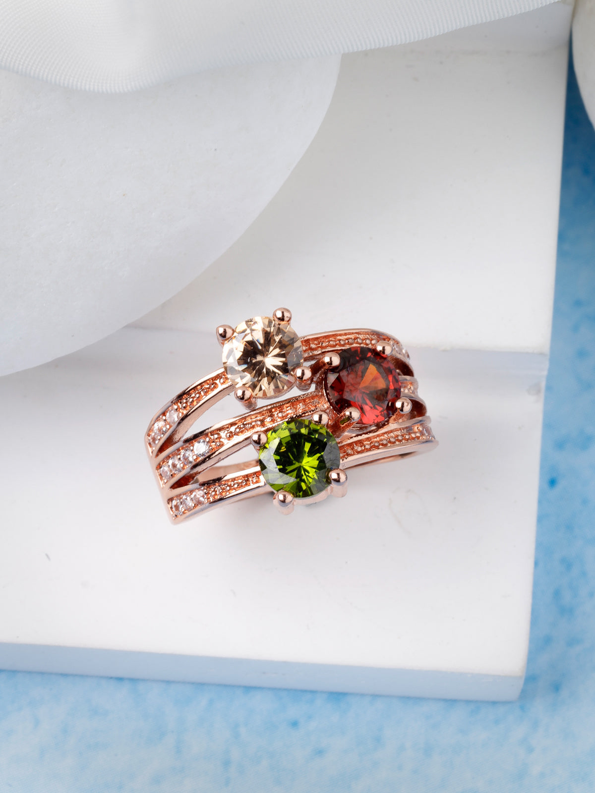 Scintillare by Sukkhi Elegant Stylish Rose Gold Plated with Multicolor Crystals Stones Studded Finger Ring for Women & Girls | Gifts Collection|LR106772