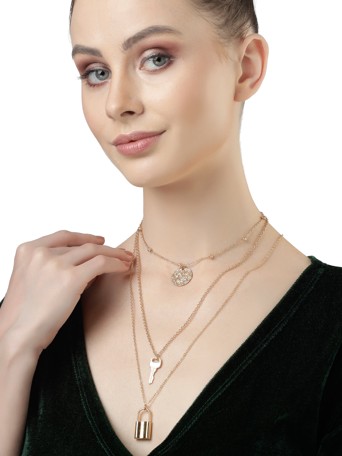 Scintillare by Sukkhi Decent Fashionable Non-Precious Key Lock Multilayer Gold Plated Chain Pendant Necklace for Women|Birthday Gift for Girls And Women Anniversary Gift for Wife|N106752