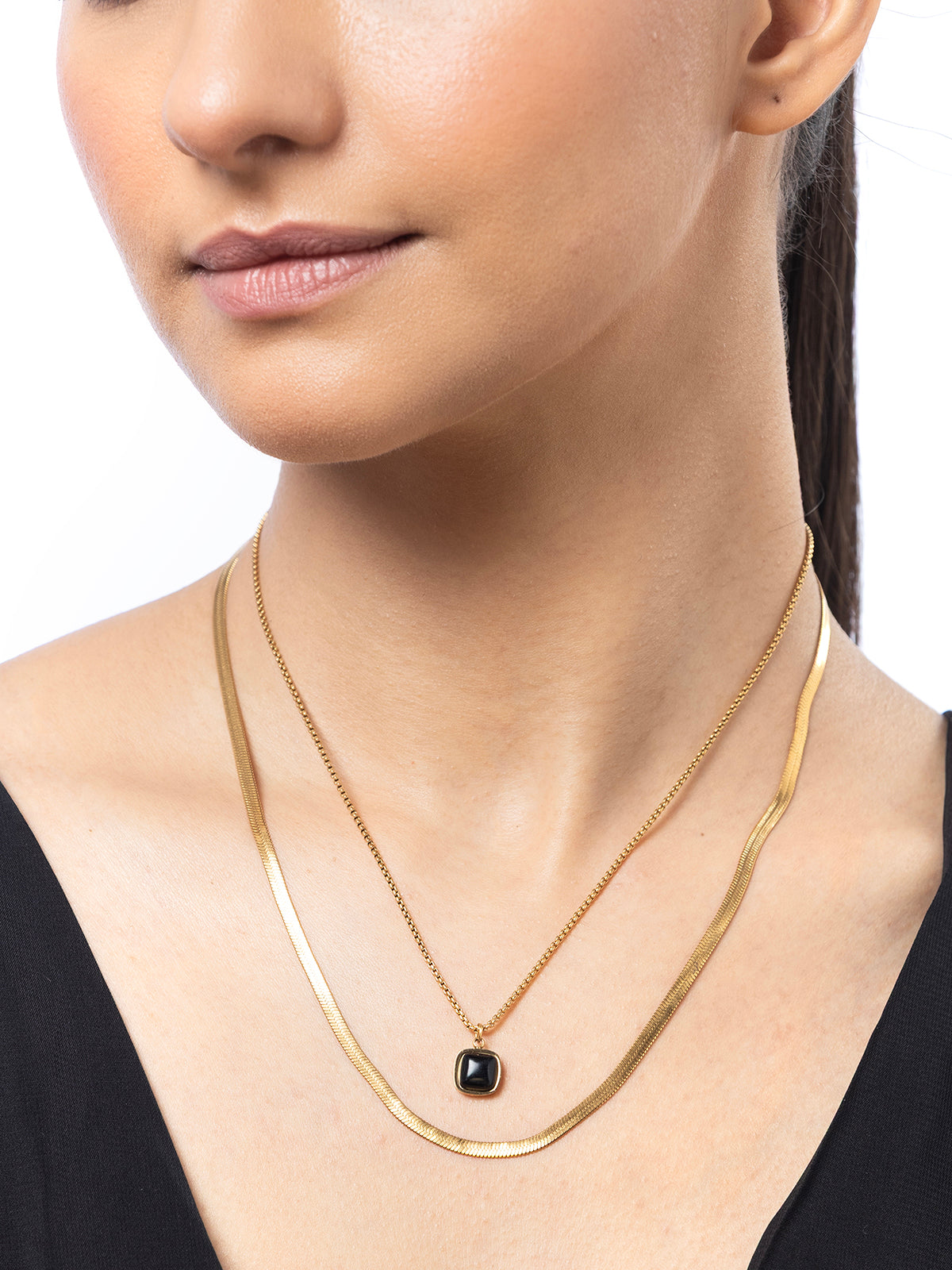 Scintillare By Sukkhi Stylish Gold Plated Black Square Pendant with Stainless Steel Double Chain Necklace Jewellery for Women & Girls|Anti Tarnish Jewellery|Gifts for Wife Girlfriend Mother|N107008