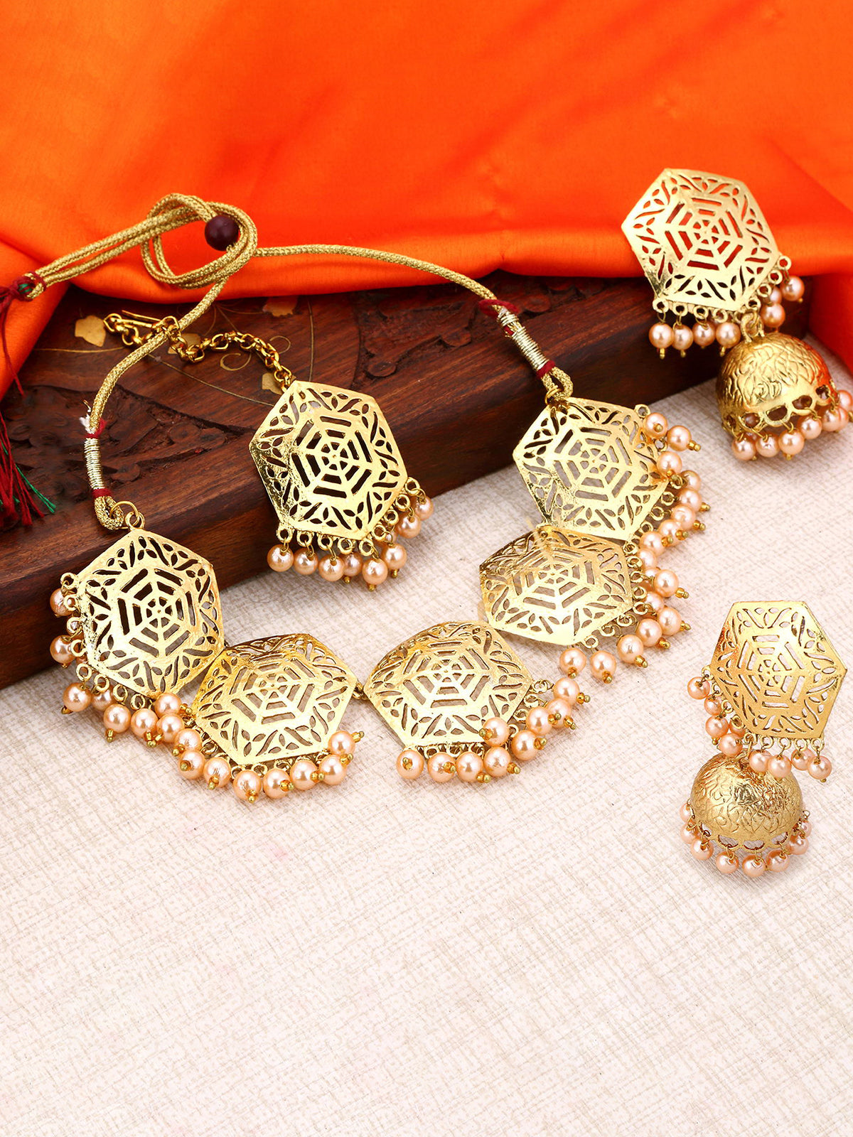 Sukkhi Hexagon Designer Gold Plated Pearl Choker Necklace Set For Women N72800GLDPJ042018