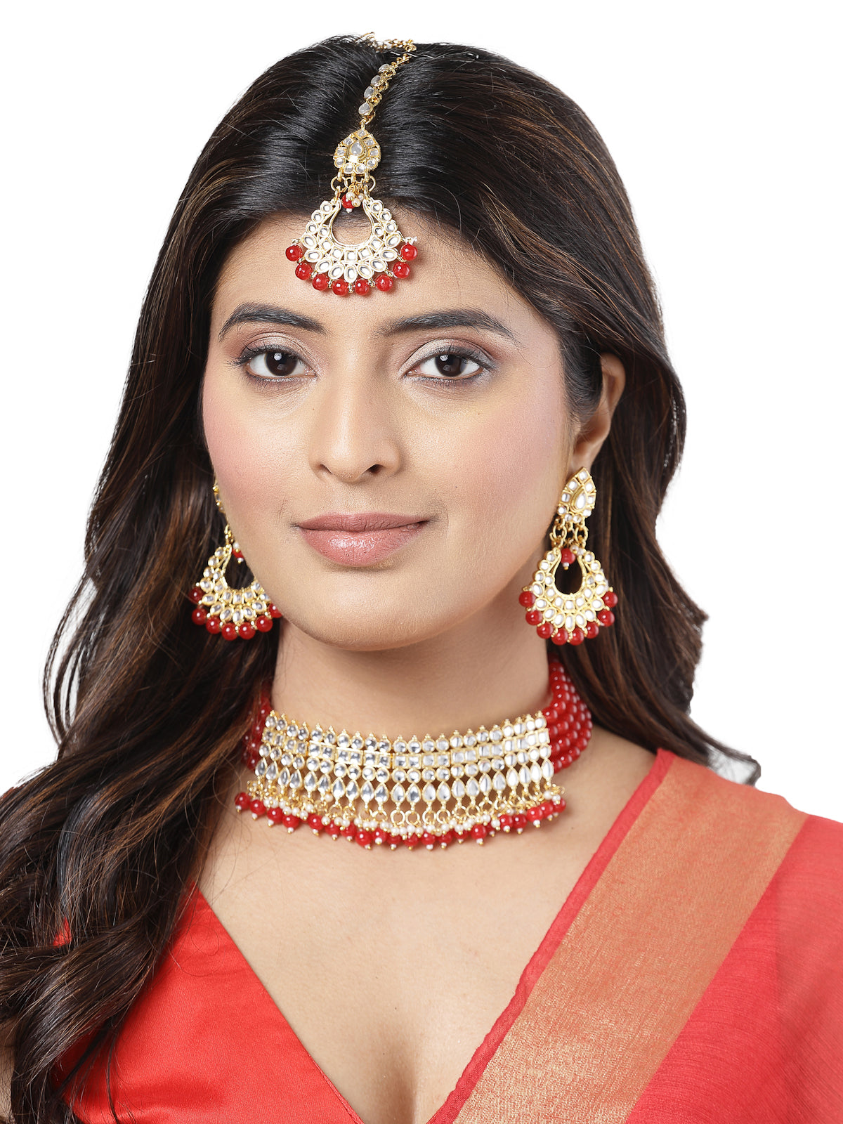 Sukkhi Decent Gold Plated Red Beadded With White Kundan Choker Necklace Set with Dangler Earring & Maangtikka Jewellery Set for Women & Girls|Set of 1|N73502 N73502