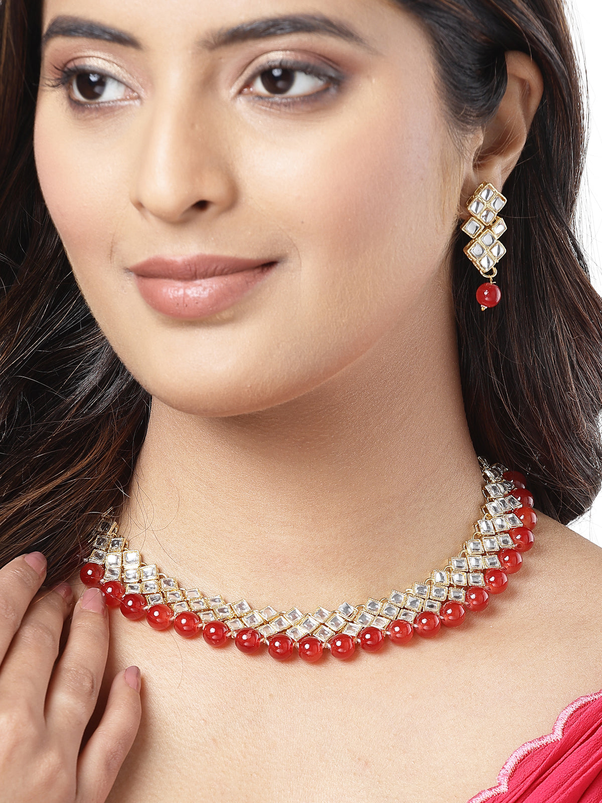Sukkhi Trendy Gold Plated Red Beadded Choker Necklace Set with Drop Earring Jewellery Set for Women & Girls|Set of 1|N73524