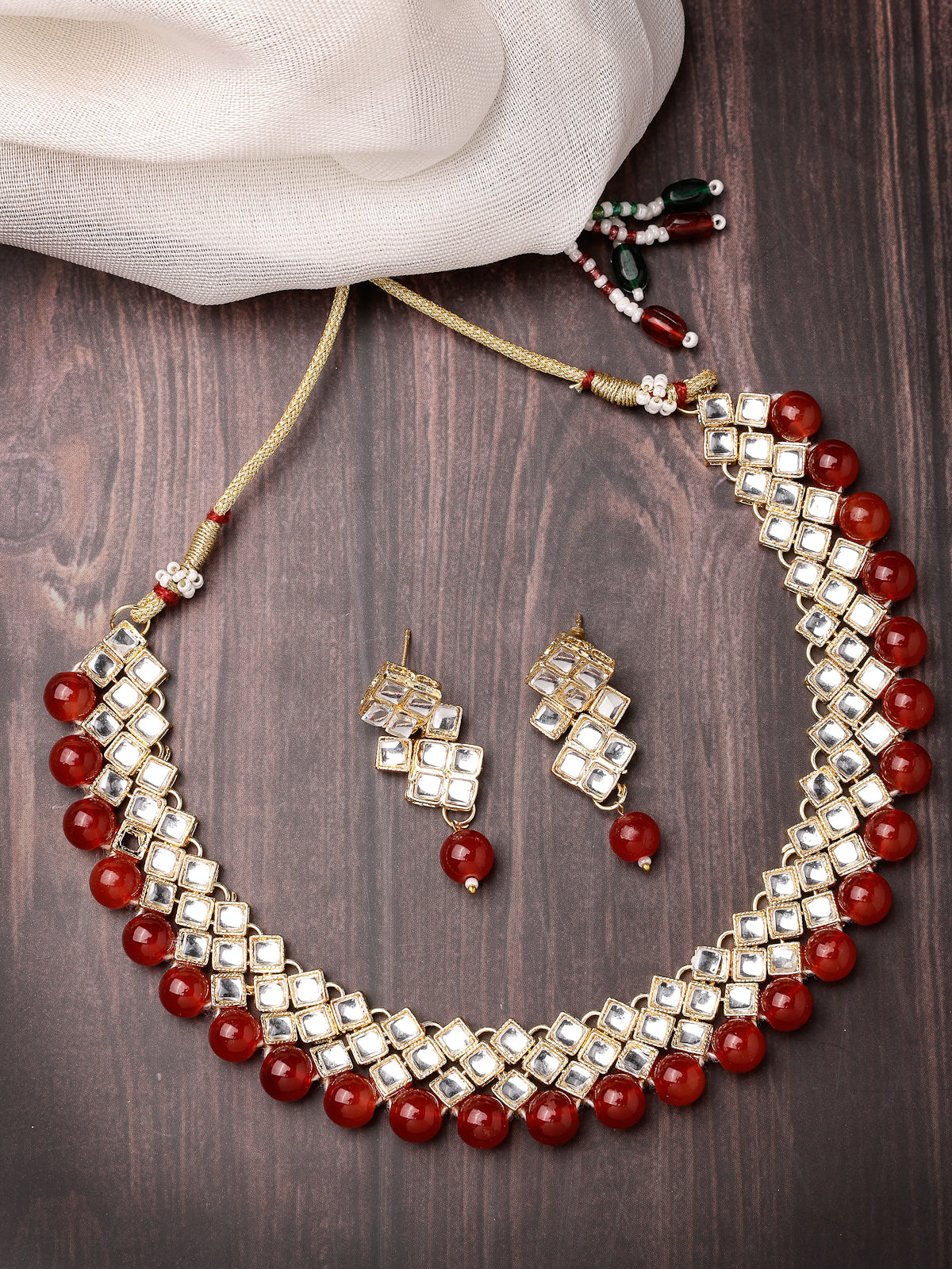 Sukkhi Trendy Gold Plated Red Beadded Choker Necklace Set with Drop Earring Jewellery Set for Women & Girls|Set of 1|N73524