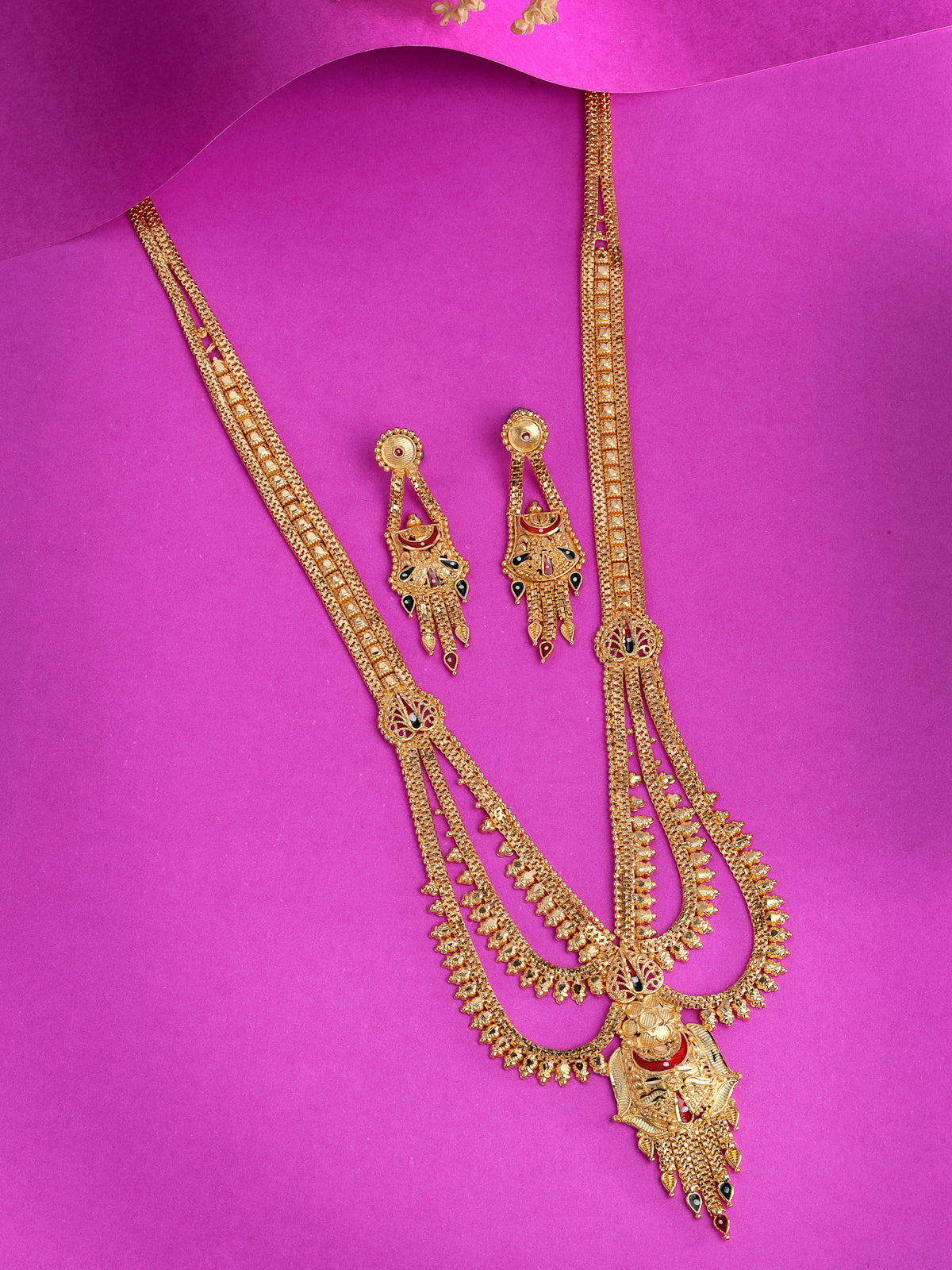 Sukkhi South Indain 18k Gold Plated with Red Green Meenakari Work Multi Layer Long Necklace Set & Dangler Earring Jewellery Set for Women & Girls|Set of 1|N73757