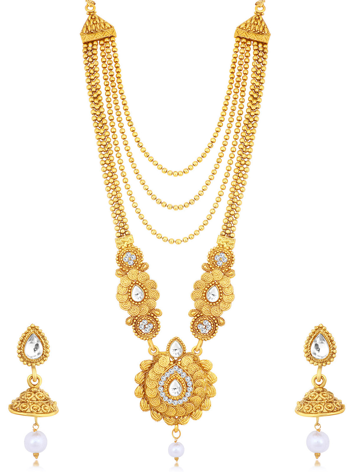 Sukkhi Marvellous Pearl Gold Plated Kundan Long Haram Necklace Set for women N79591