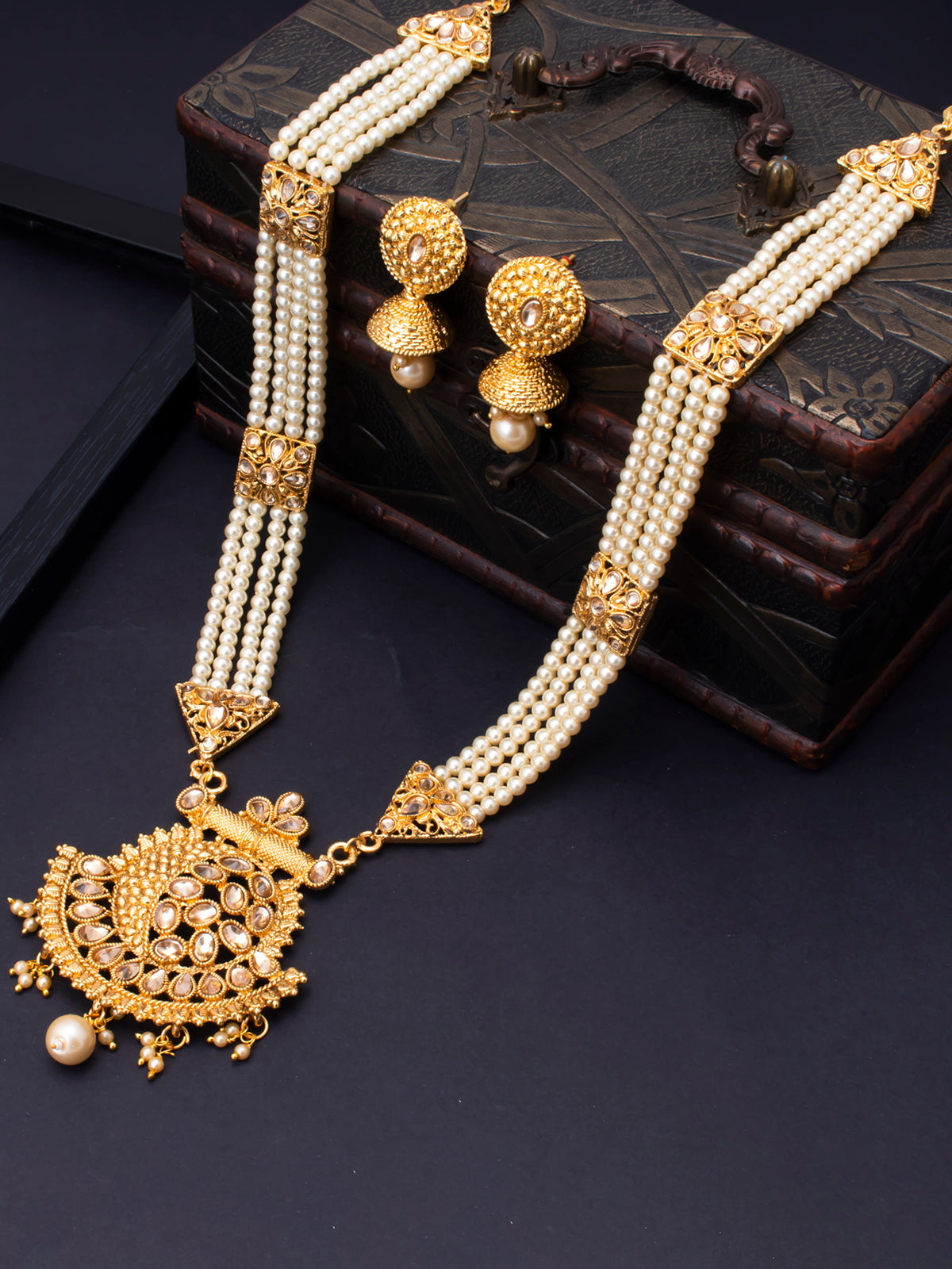 Sukkhi Classic LCT Gold Plated Pearl Long Haram Necklace Set For Women N83782