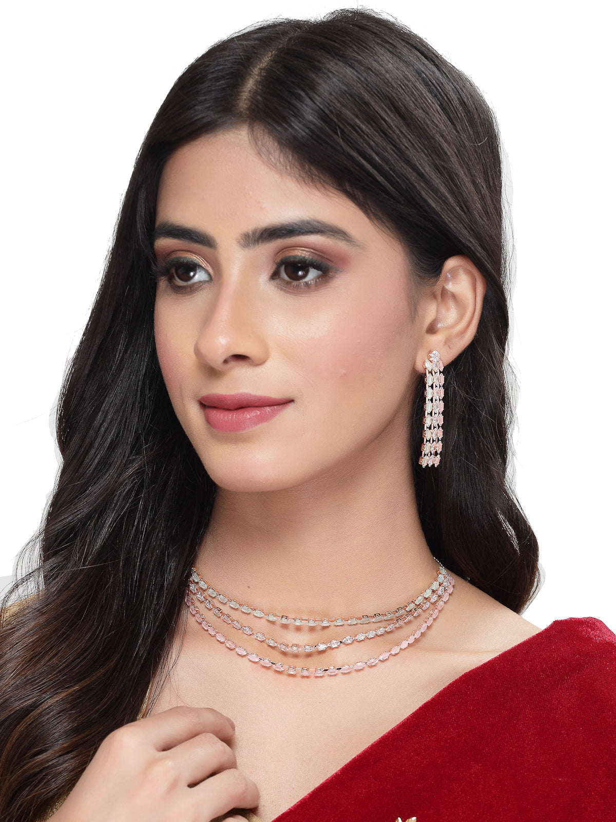 Studio Sukkhi Elegant Gold Plated Pink Stone Studded Mulsti Layers Princess Necklace Set For Women NS104791