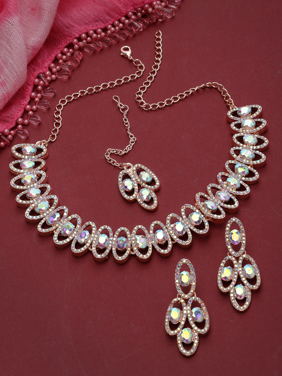 Sukkhi Lavish Rose Gold Plated Rainbow Stones Collar Bone Necklace Set With Earring And Maangtika | Jewellery Set For Women (NS104986)