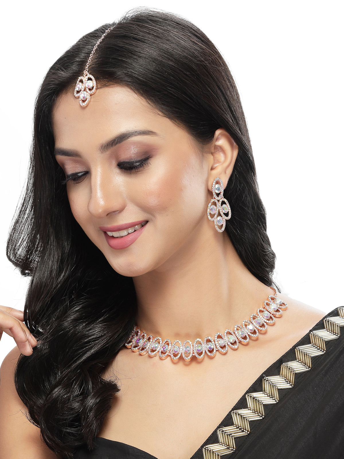 Sukkhi Lavish Rose Gold Plated Rainbow Stones Collar Bone Necklace Set With Earring And Maangtika | Jewellery Set For Women (NS104986)